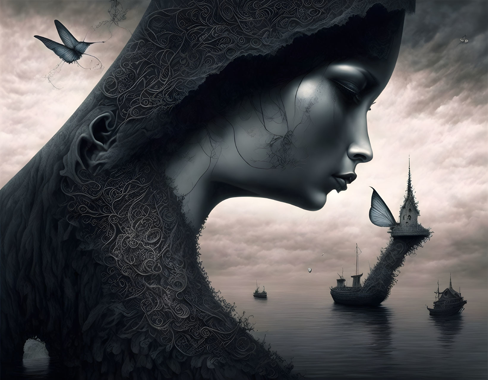 Surreal monochromatic image: woman's profile with lace details, seascape, ships,