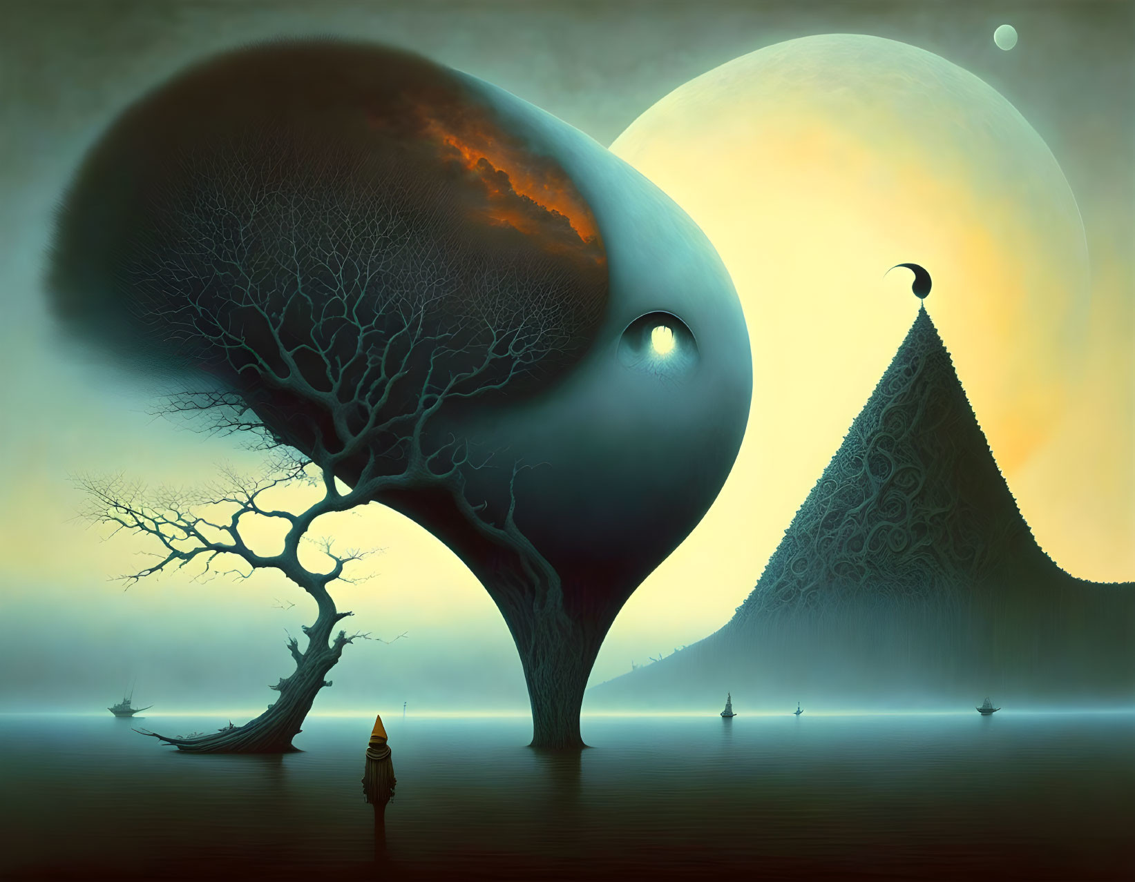 Surreal landscape with leafless tree, orbs, boat, pyramids, and two moons