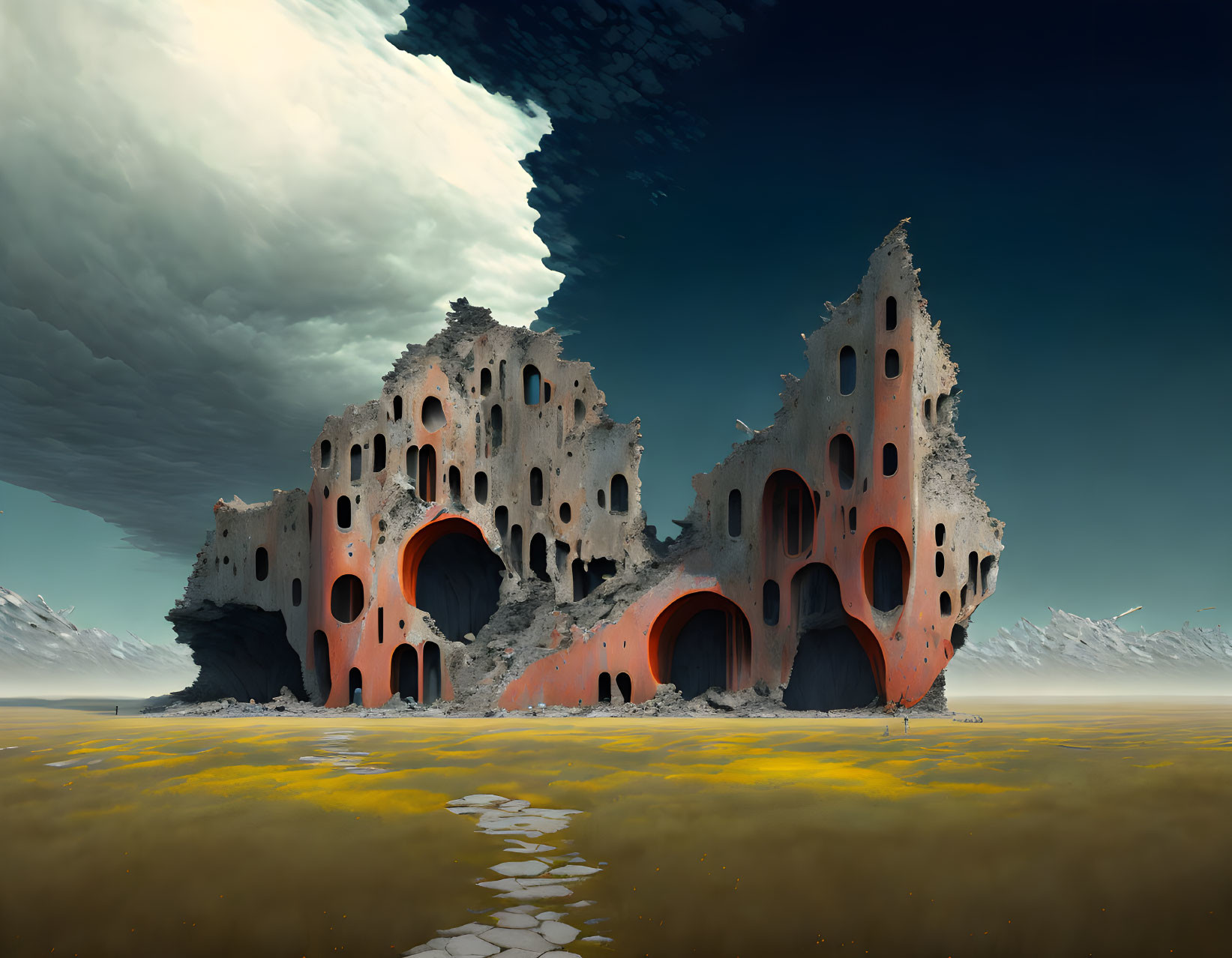 Surreal landscape with honeycomb-like structures under dramatic sky