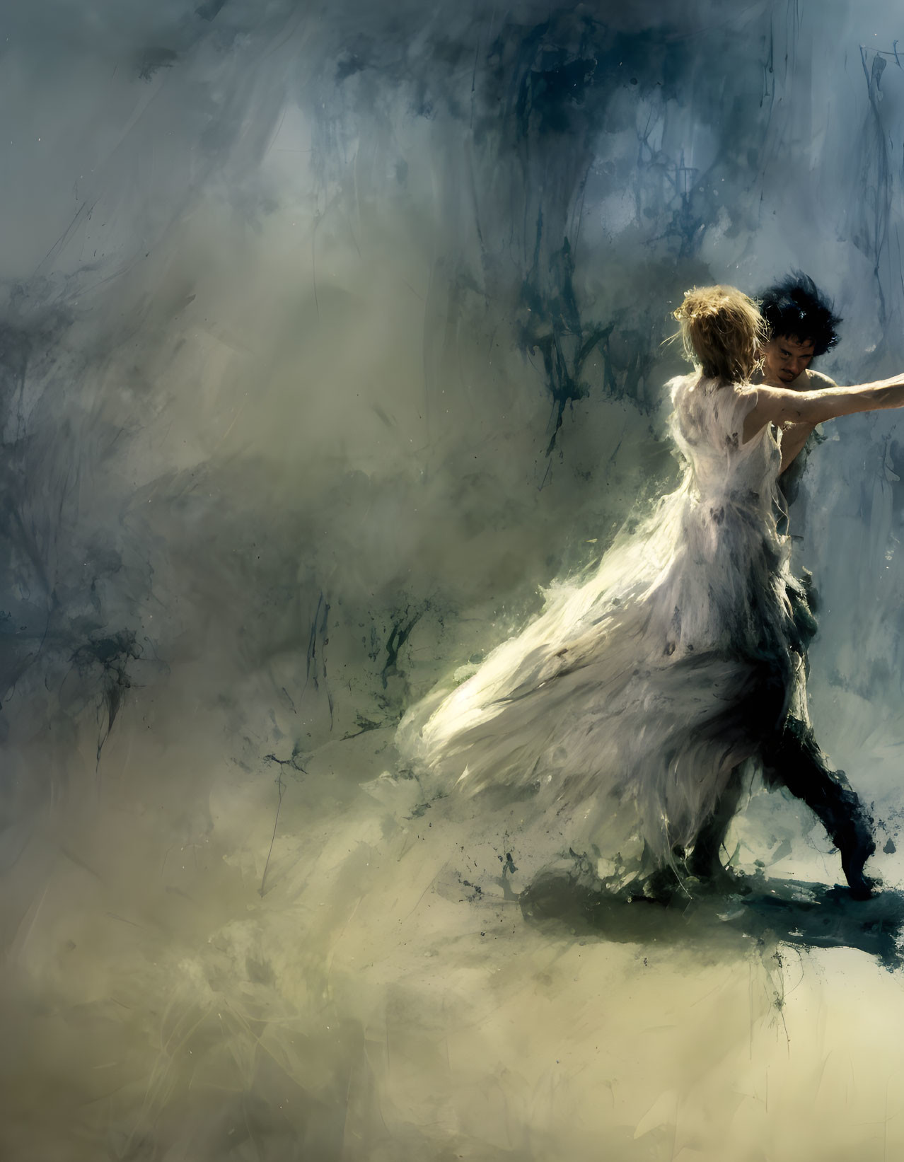 Passionate embrace in dramatic dance conveys motion and emotion in misty atmosphere