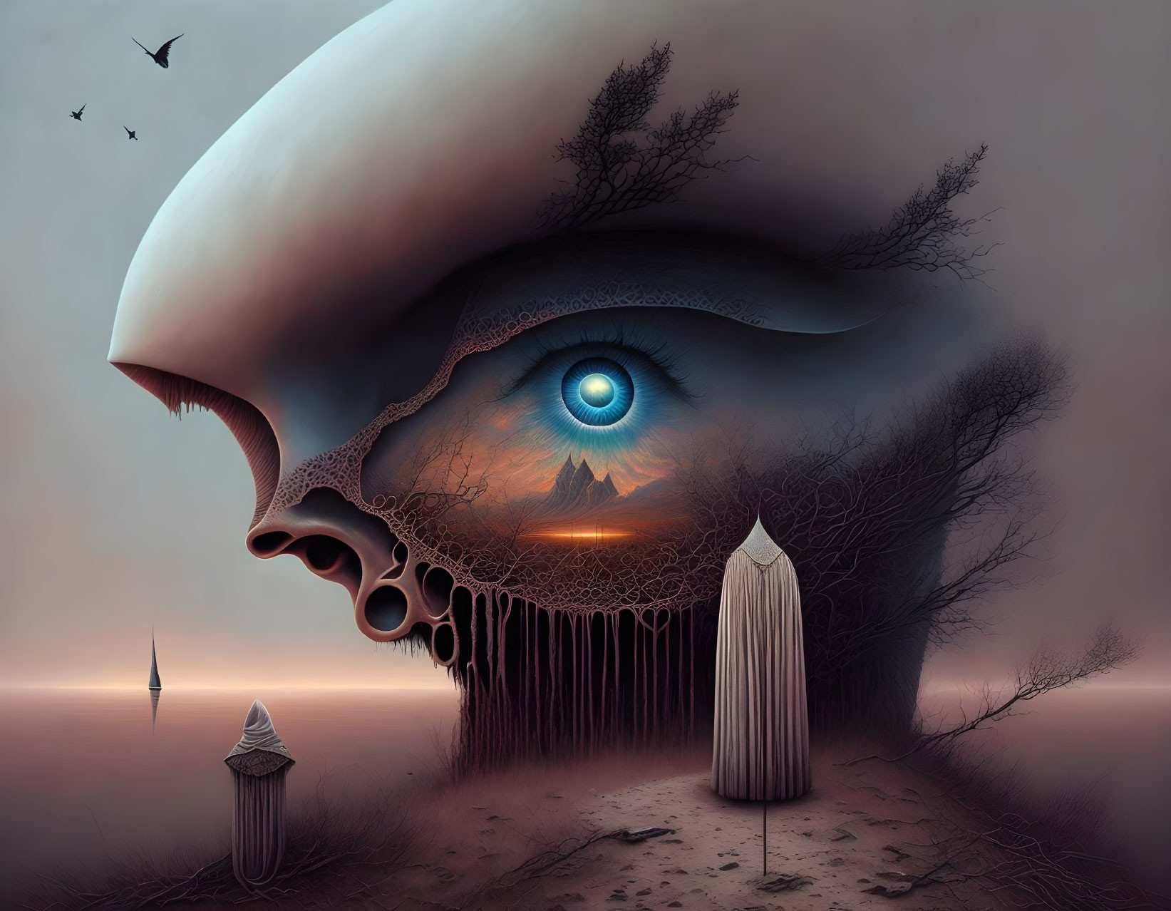 Surreal landscape with giant skull, eye, figure, and trees