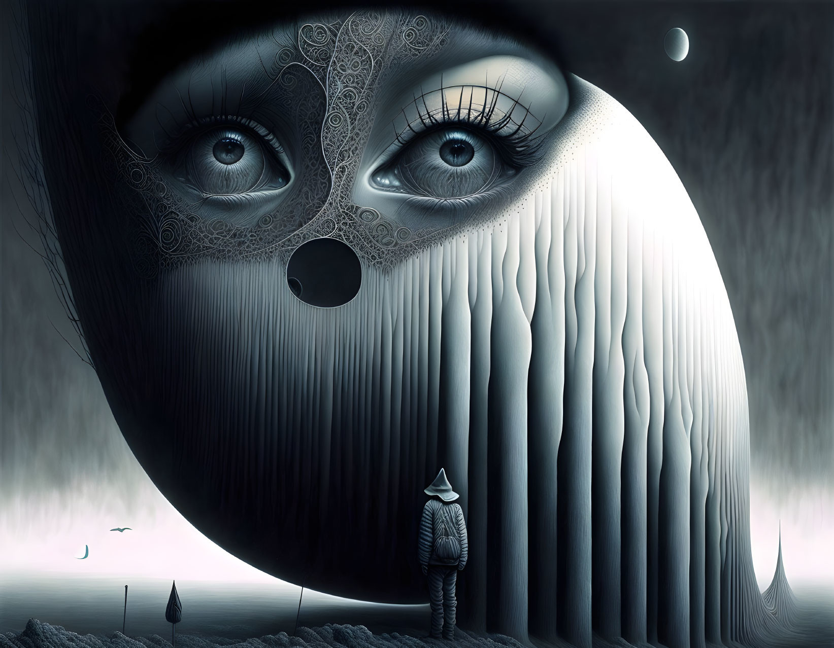 Surreal illustration of person gazing at giant face under moonlit sky