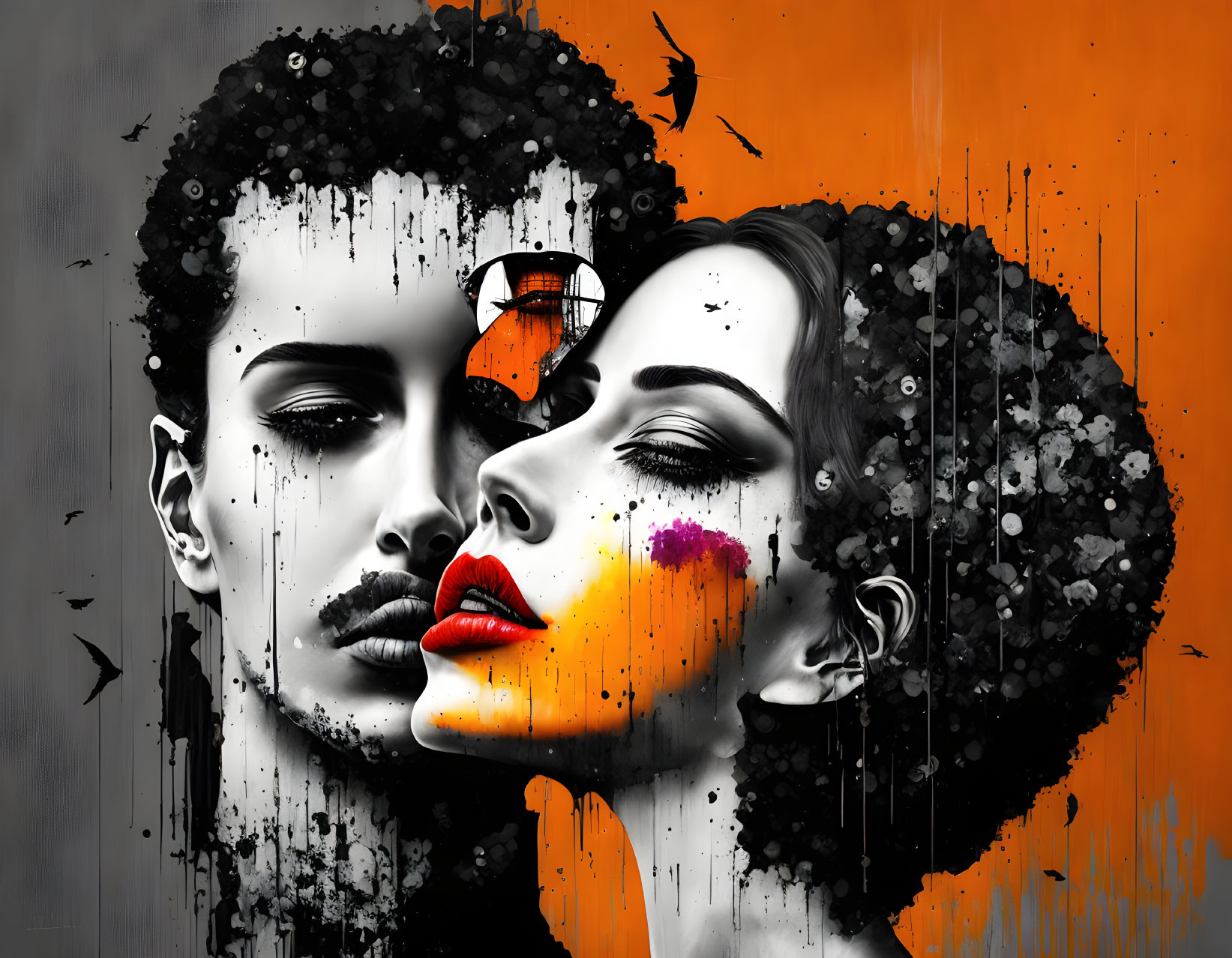 Vibrant digital artwork: man and woman profiles on colorful abstract background