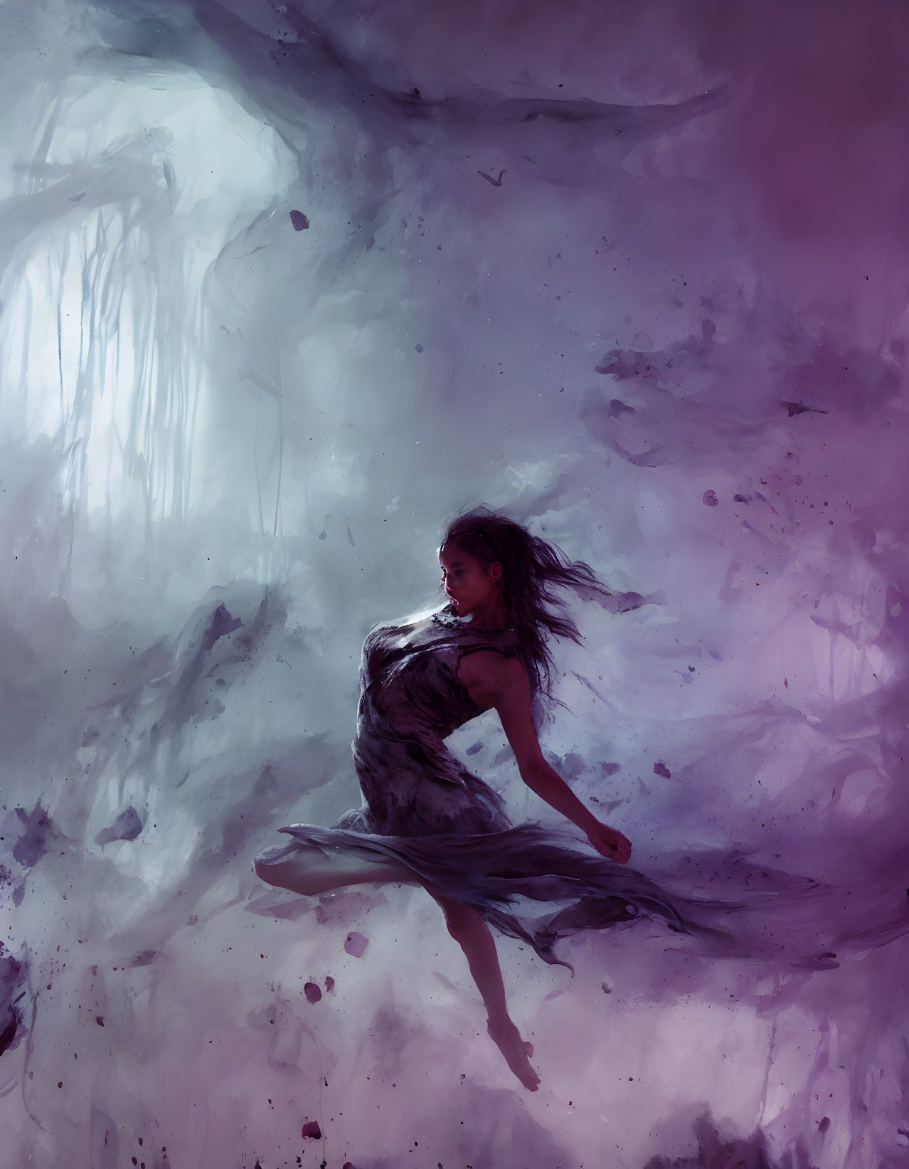 Floating woman in swirling purple and white mists with billowing hair and dress