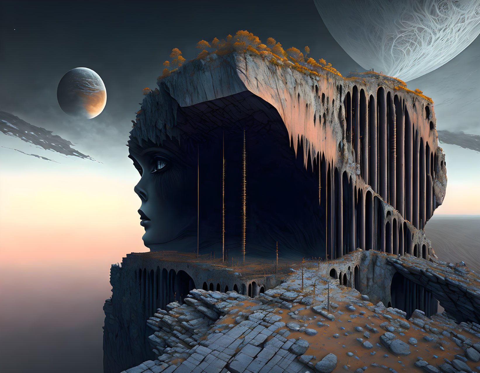 Surreal landscape with colossal statue head on cliff, two moons, twilight sky