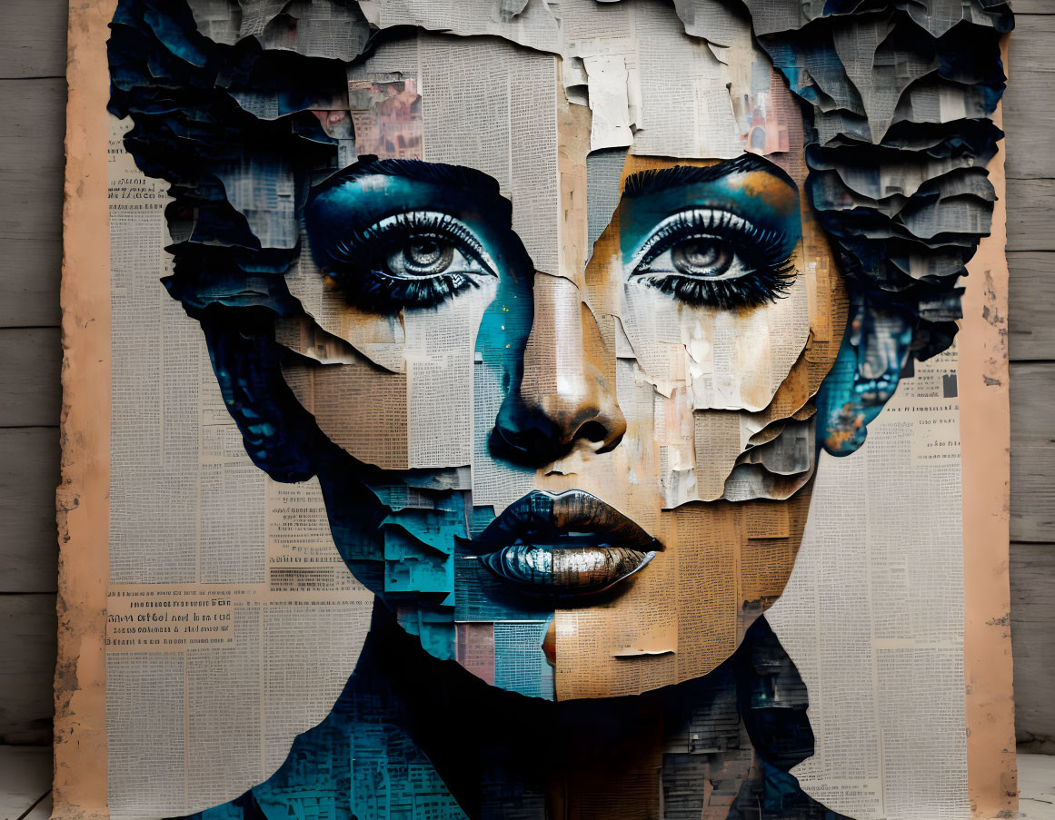 Layered newspaper clippings and blue paint create textured portrait of woman