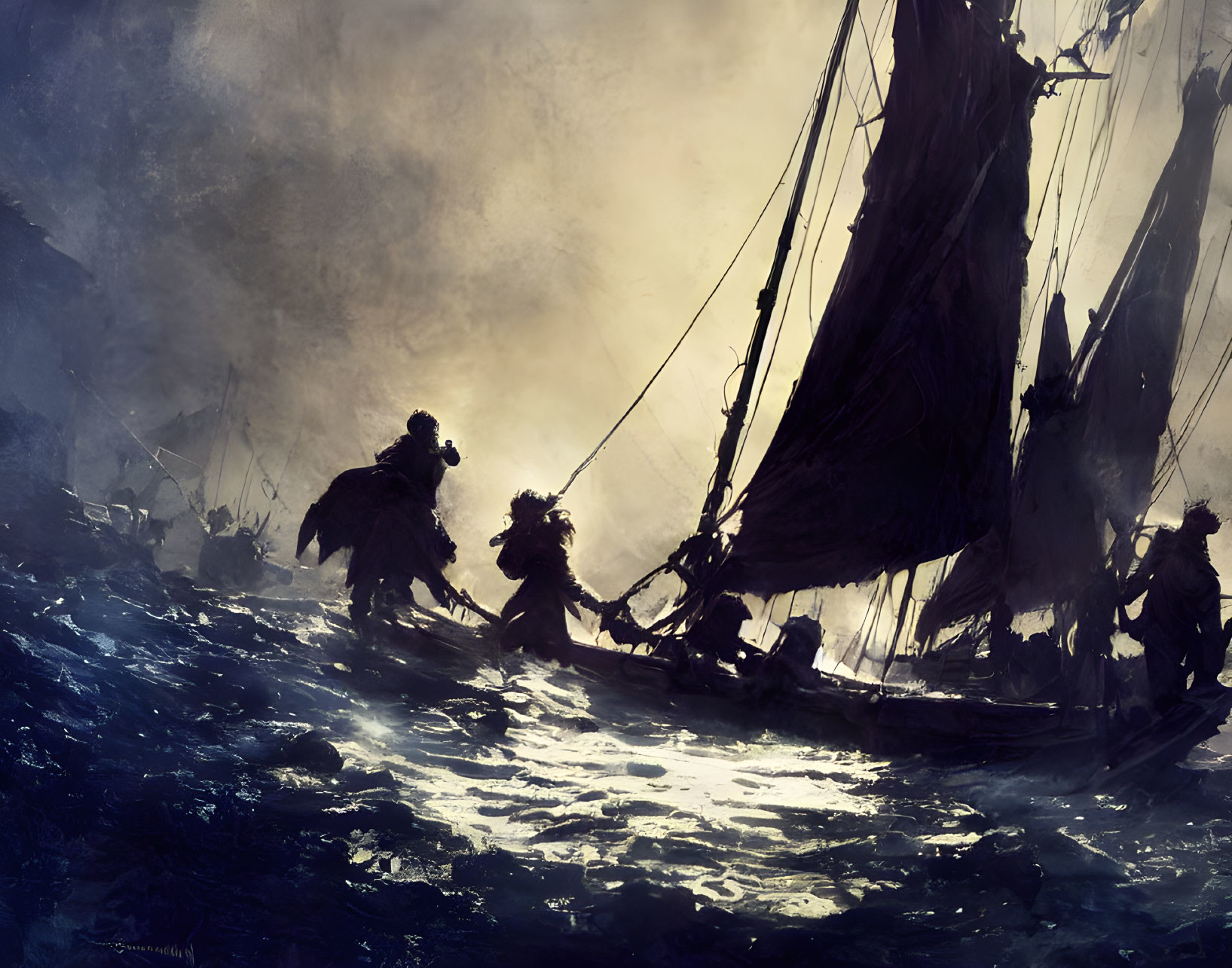 Silhouetted figures on small sailing ship in stormy seas