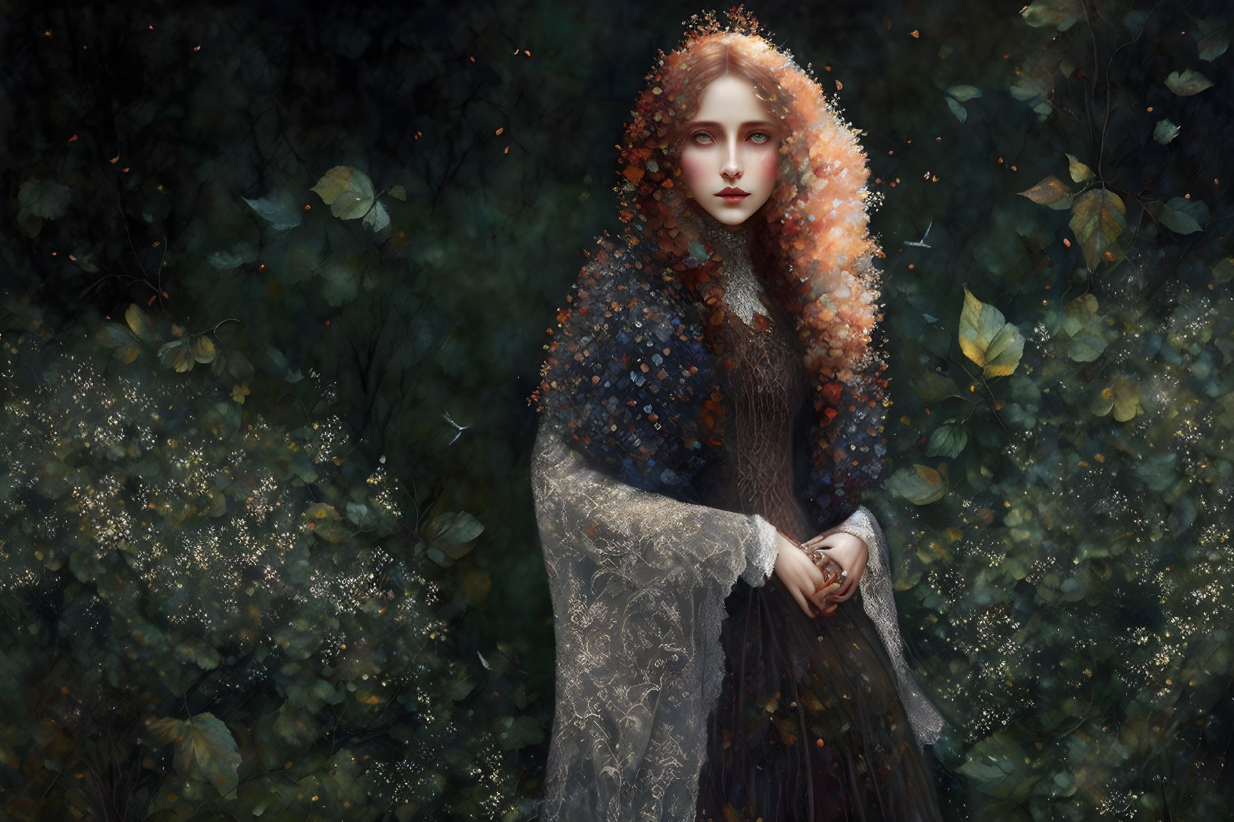 Red-haired woman in lace dress surrounded by butterflies and mystical light