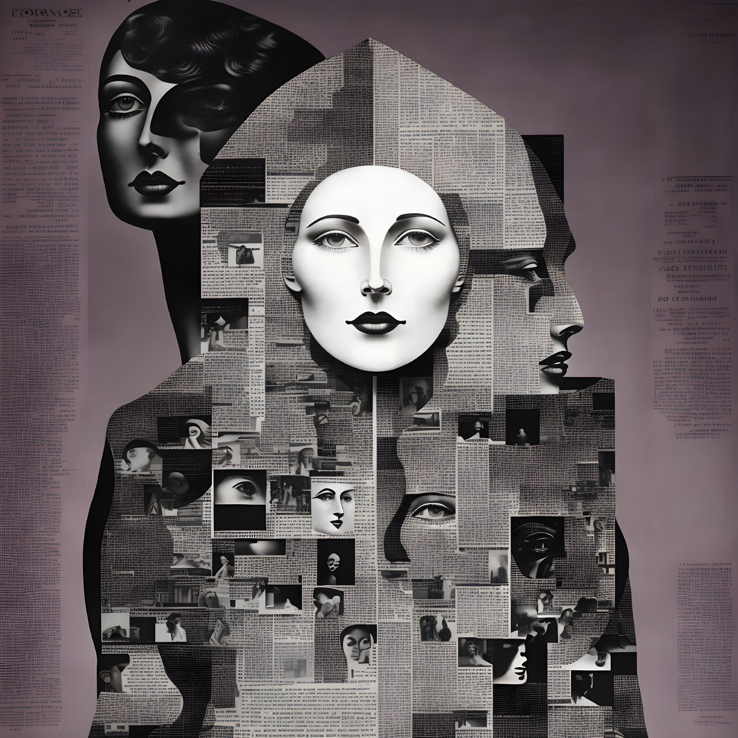 Monochromatic collage of central female face with smaller faces and images