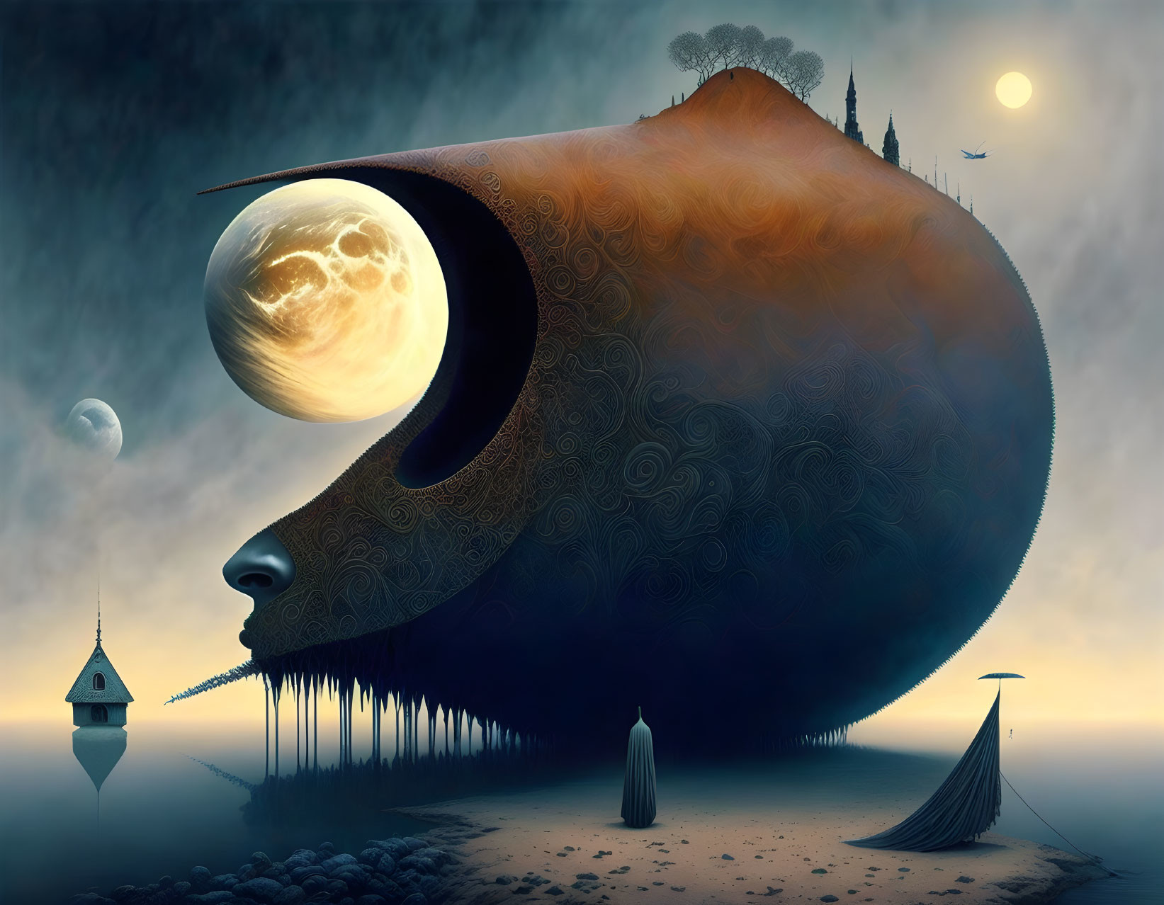 Moonlit surreal landscape with gigantic horn-like structure, floating islands, and solitary figure by boat