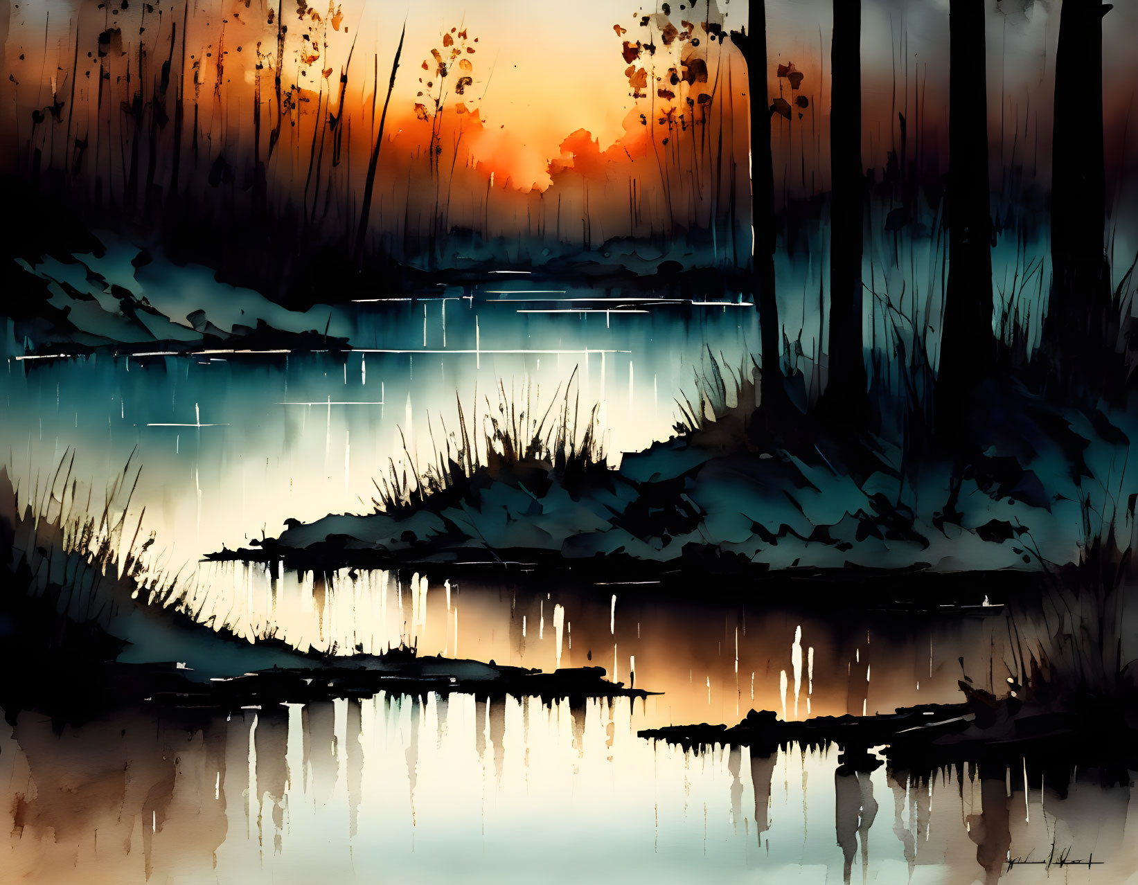 Serene forest at dusk: Vibrant watercolor of tranquil river and trees