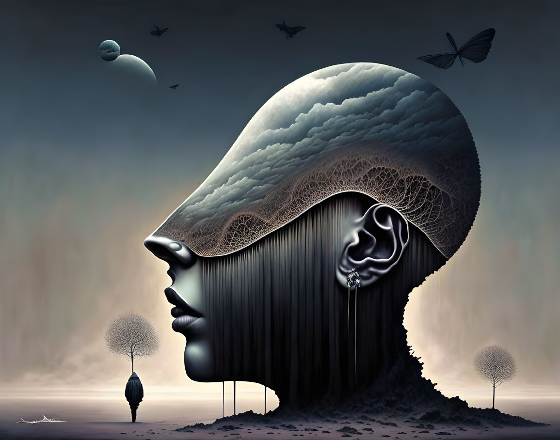 Profile Human Head with Landscape Inside and Butterfly - Surreal Artwork