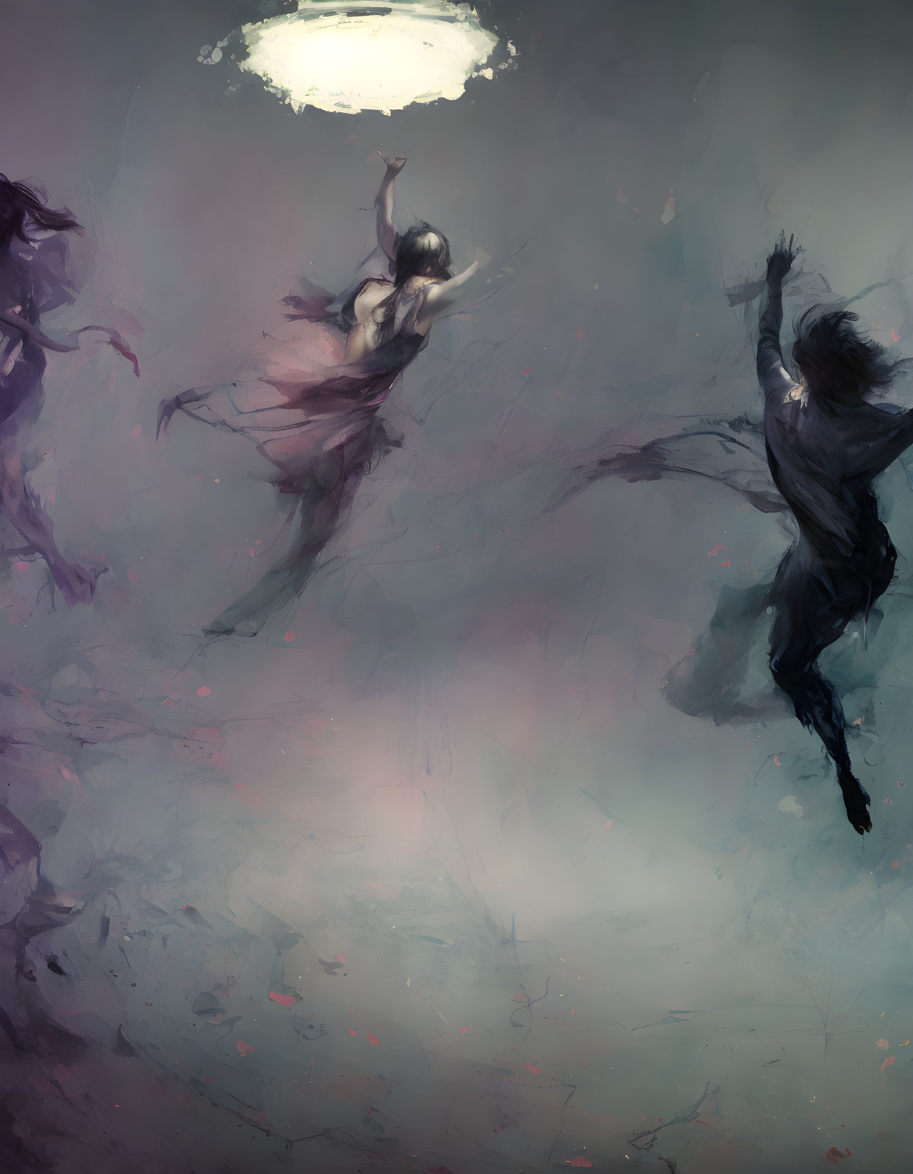 Ethereal figures dancing in dreamlike haze under glowing orb