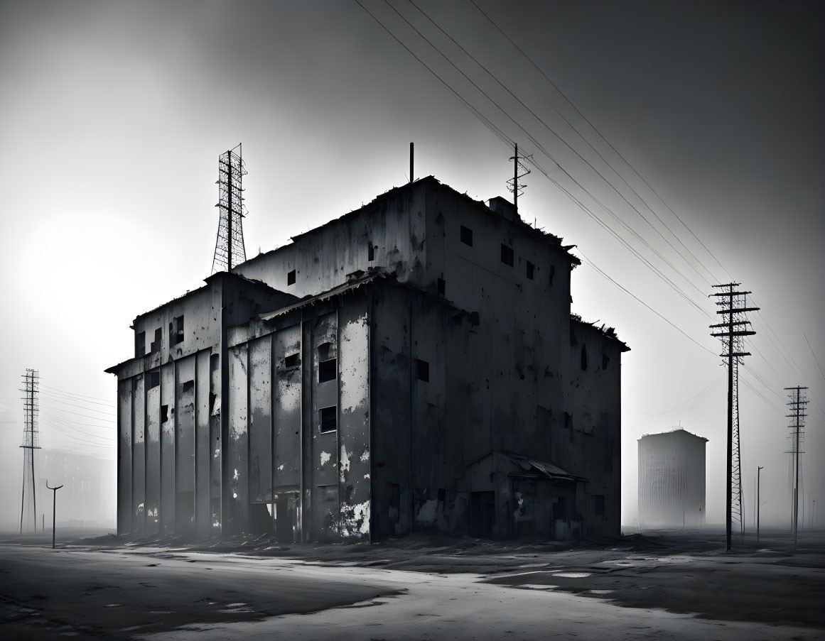 Desolate industrial building in foggy setting with power lines