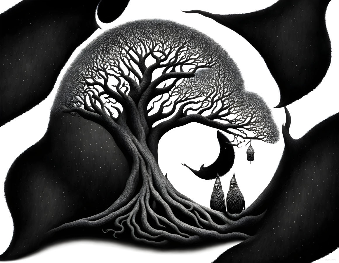 Monochrome whimsical tree with crescent moon, lanterns, and mysterious creatures