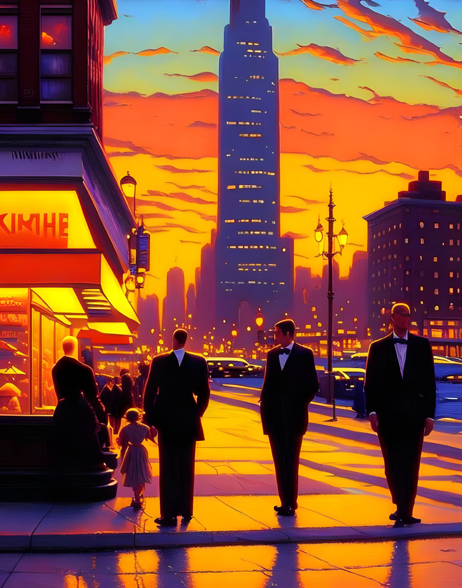 Colorful digital art: People in formal attire walking on city street at sunset with silhouettes and