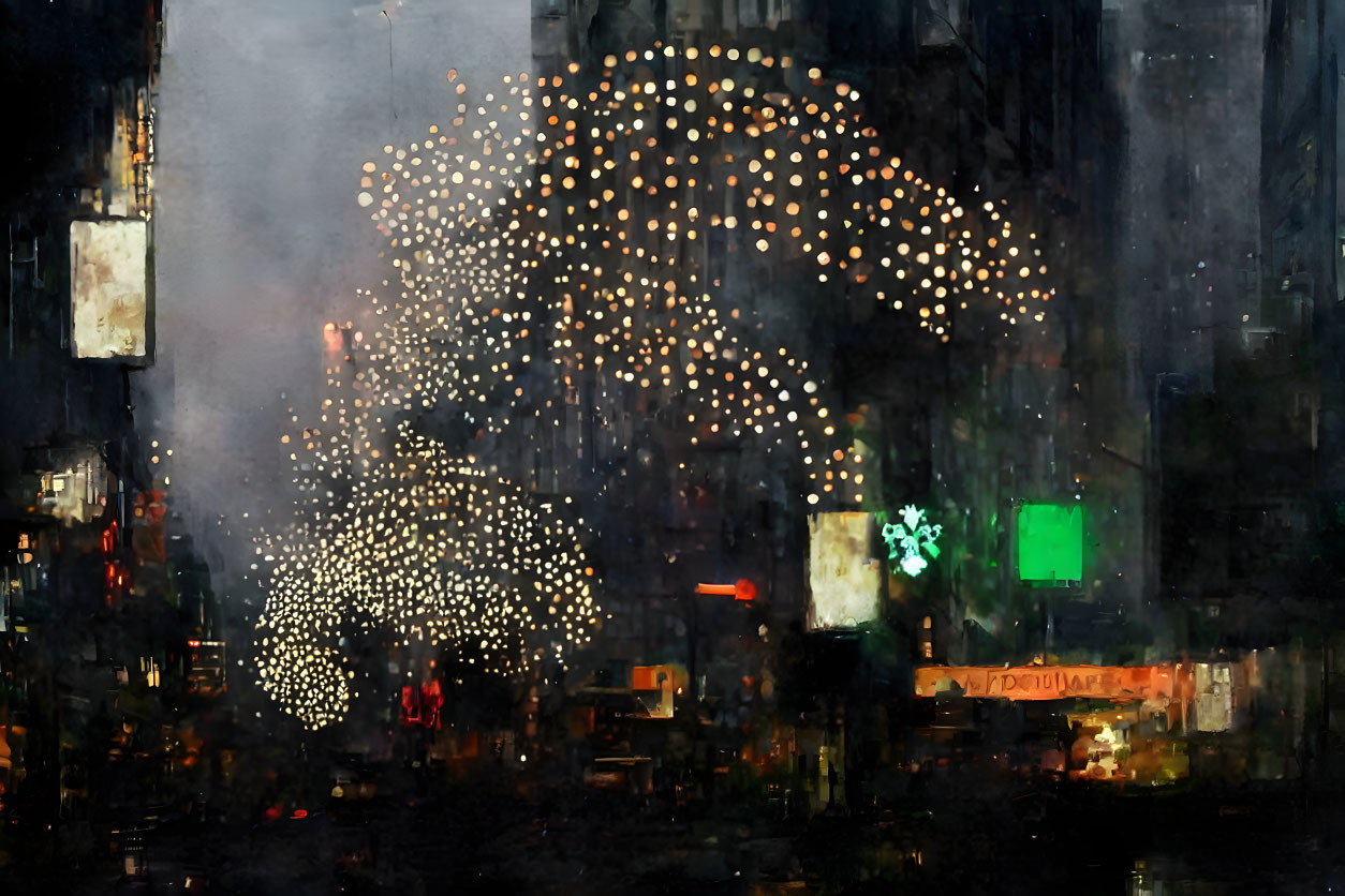 Impressionistic cityscape: Night scene with glowing lights and blurred details