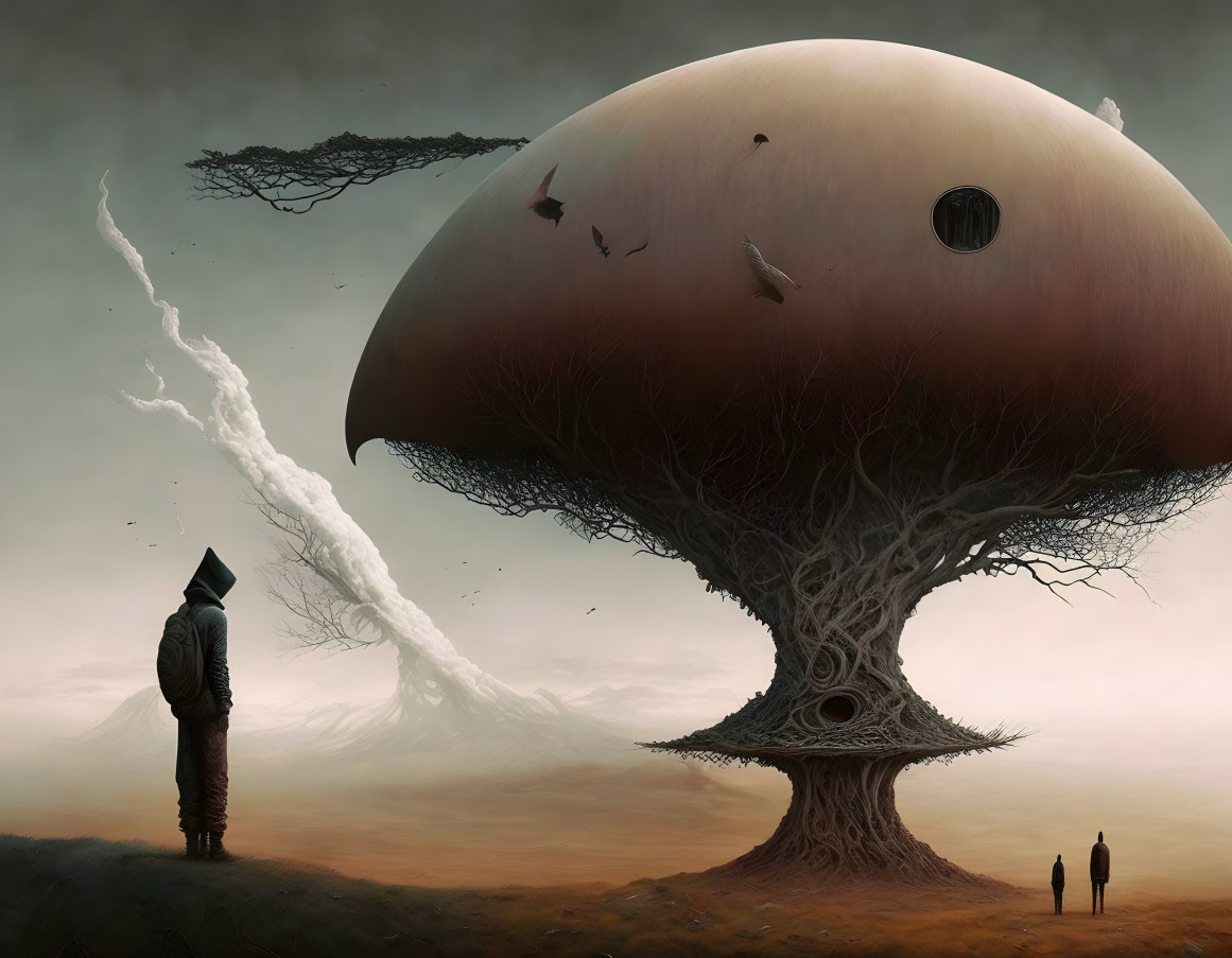 Surreal landscape with giant mushroom tree, cloaked figure, and tiny silhouettes under glo