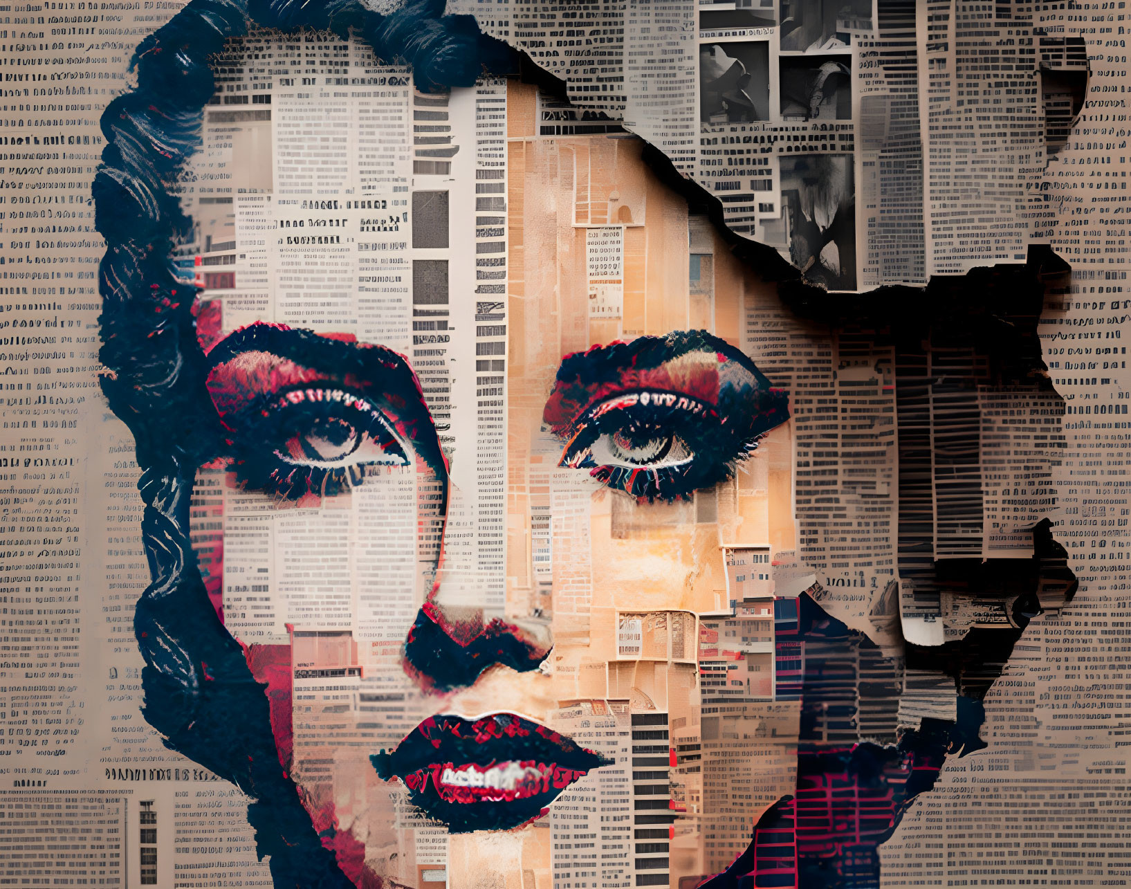 Digital collage of woman's face on newspaper clippings background