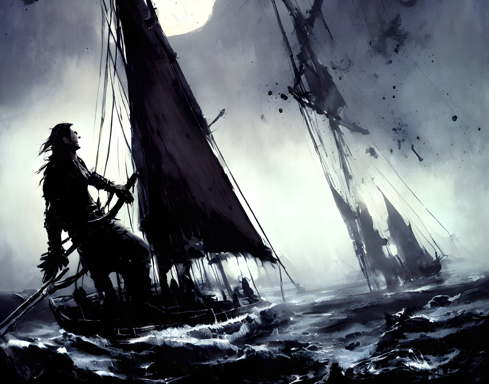 Silhouette of a pirate steering ship in stormy seas with tumultuous waves - dark monochrome palette