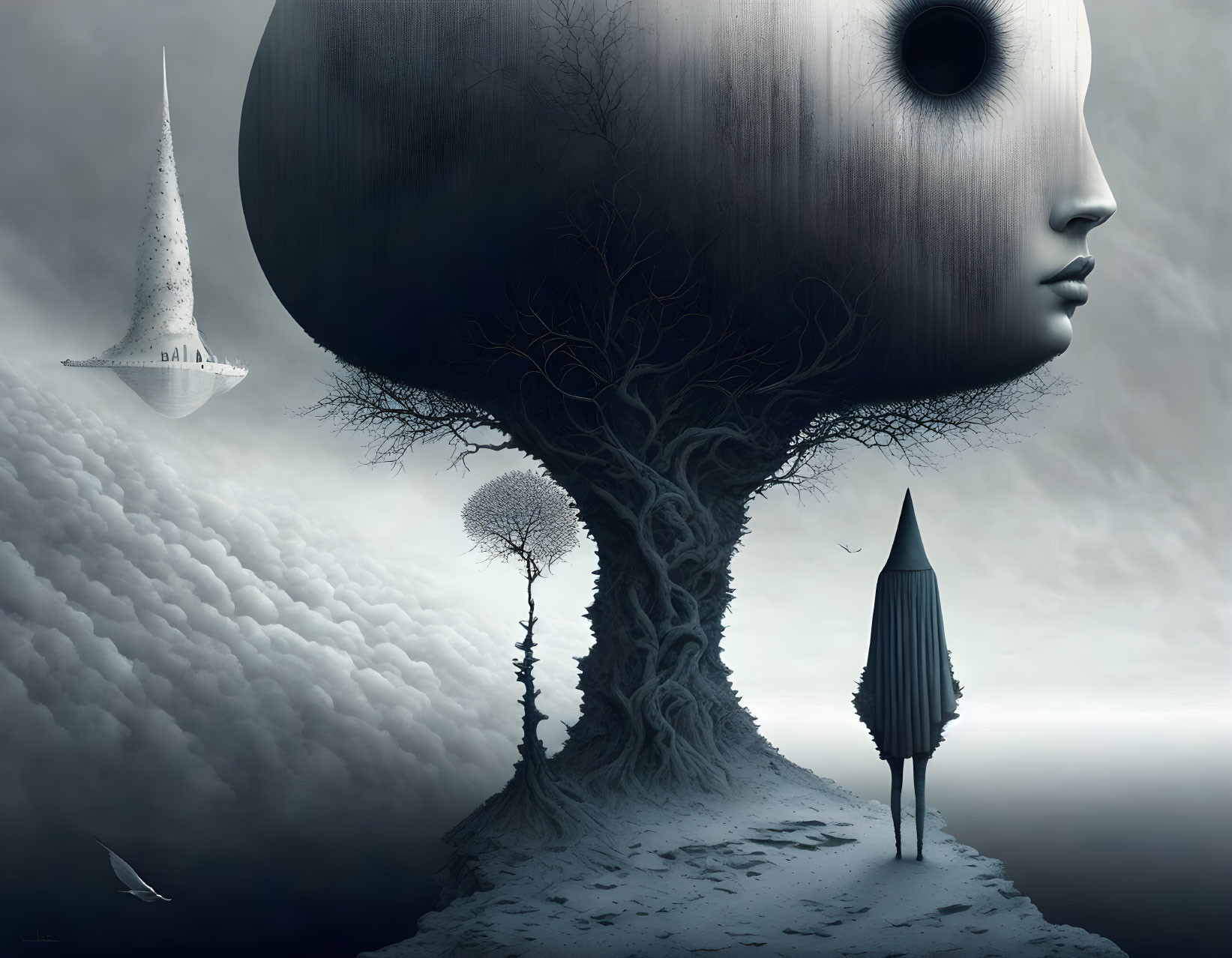 Monochromatic surreal artwork: giant tree with face, smaller tree, figure with pointed head, floating