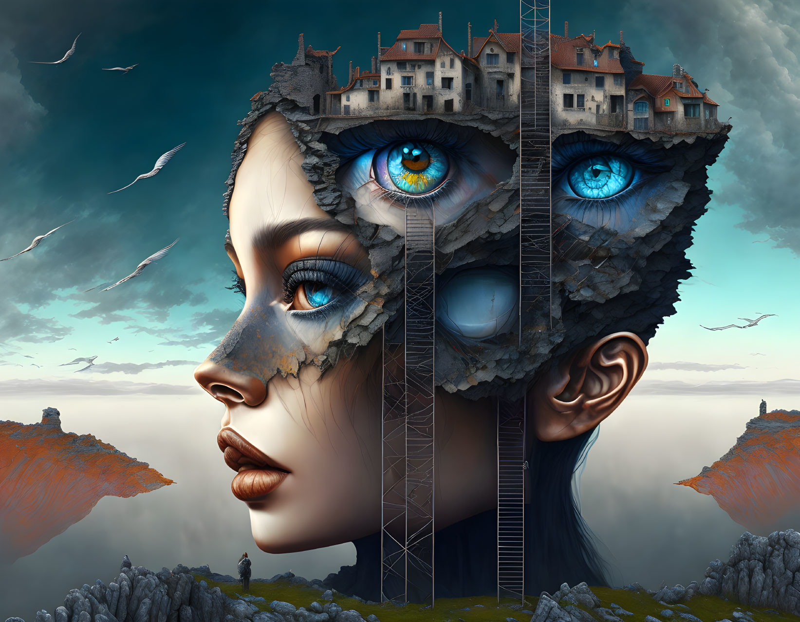 Surrealist portrait blending woman's face with rocky landscape