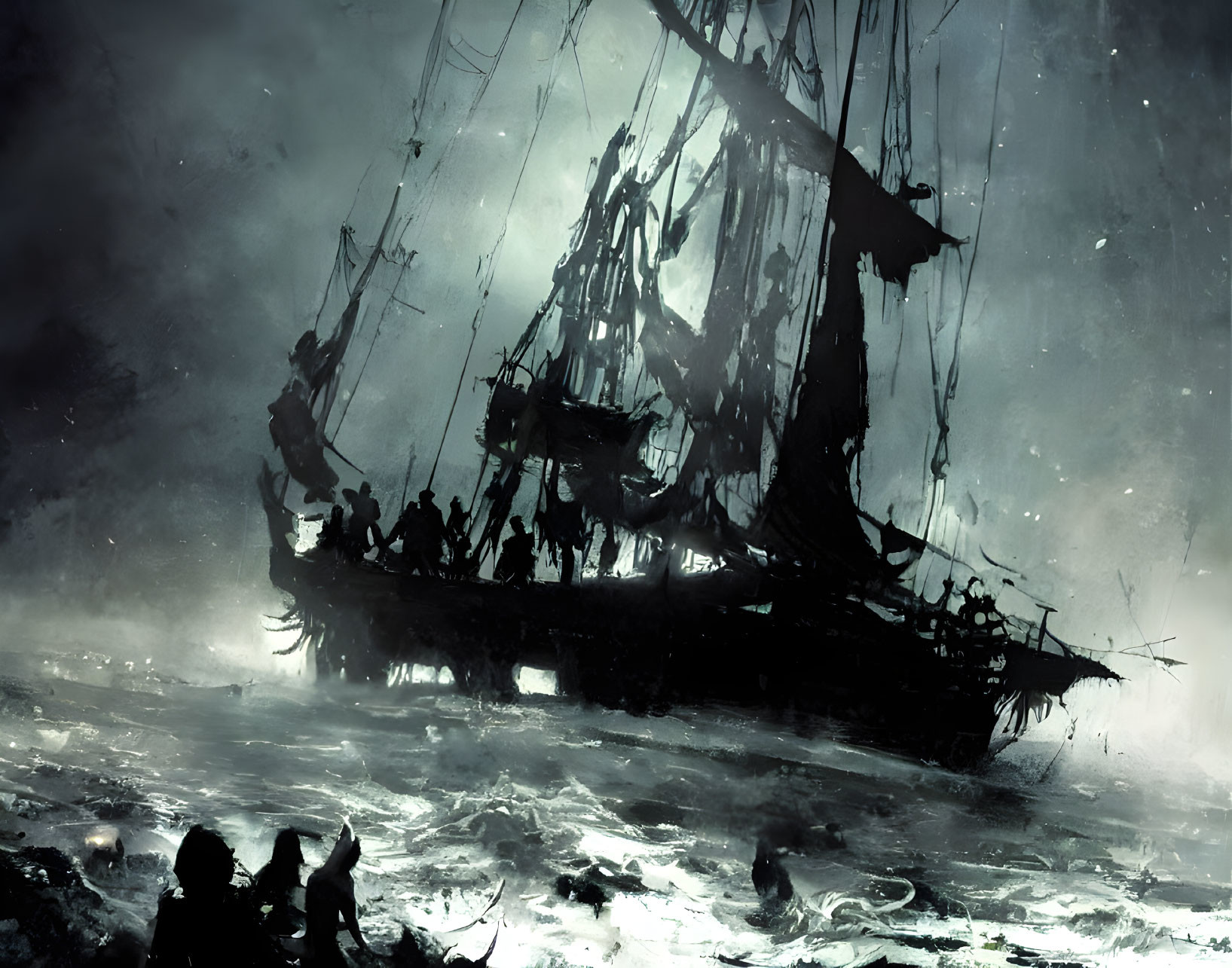 Ghostly pirate ship in misty waters with tattered sails and silhouetted crew