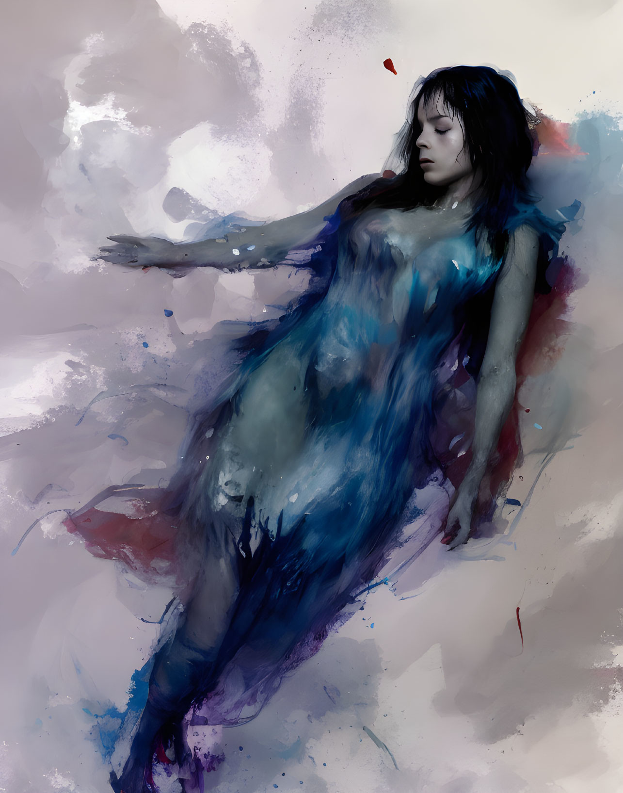 Dynamic blue and white brushstrokes depict a woman in an ethereal effect.