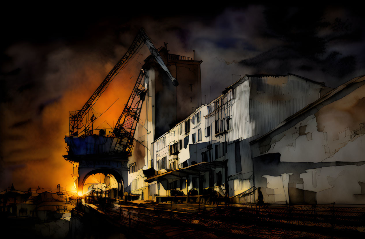 Industrial scene at dusk with crane silhouette against orange sky