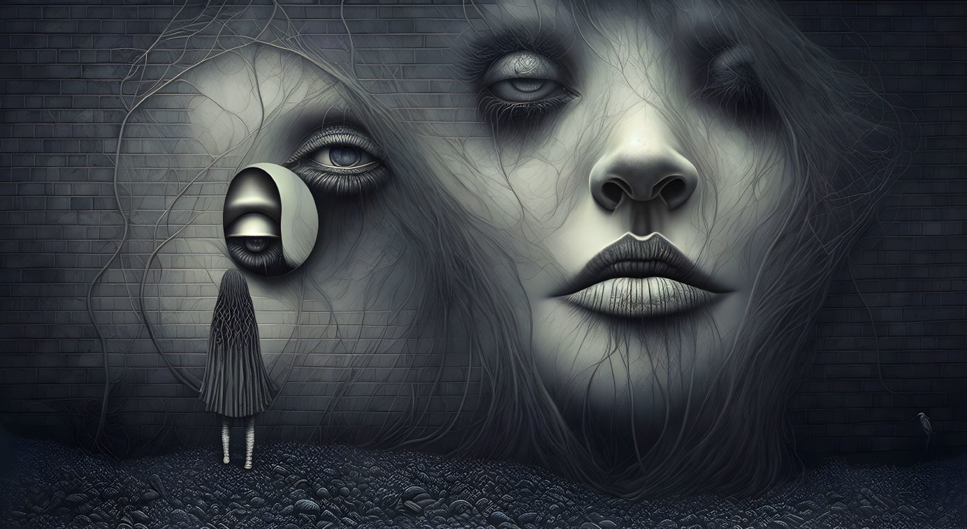 Surreal artwork: girl facing wall with haunting face merging from bricks