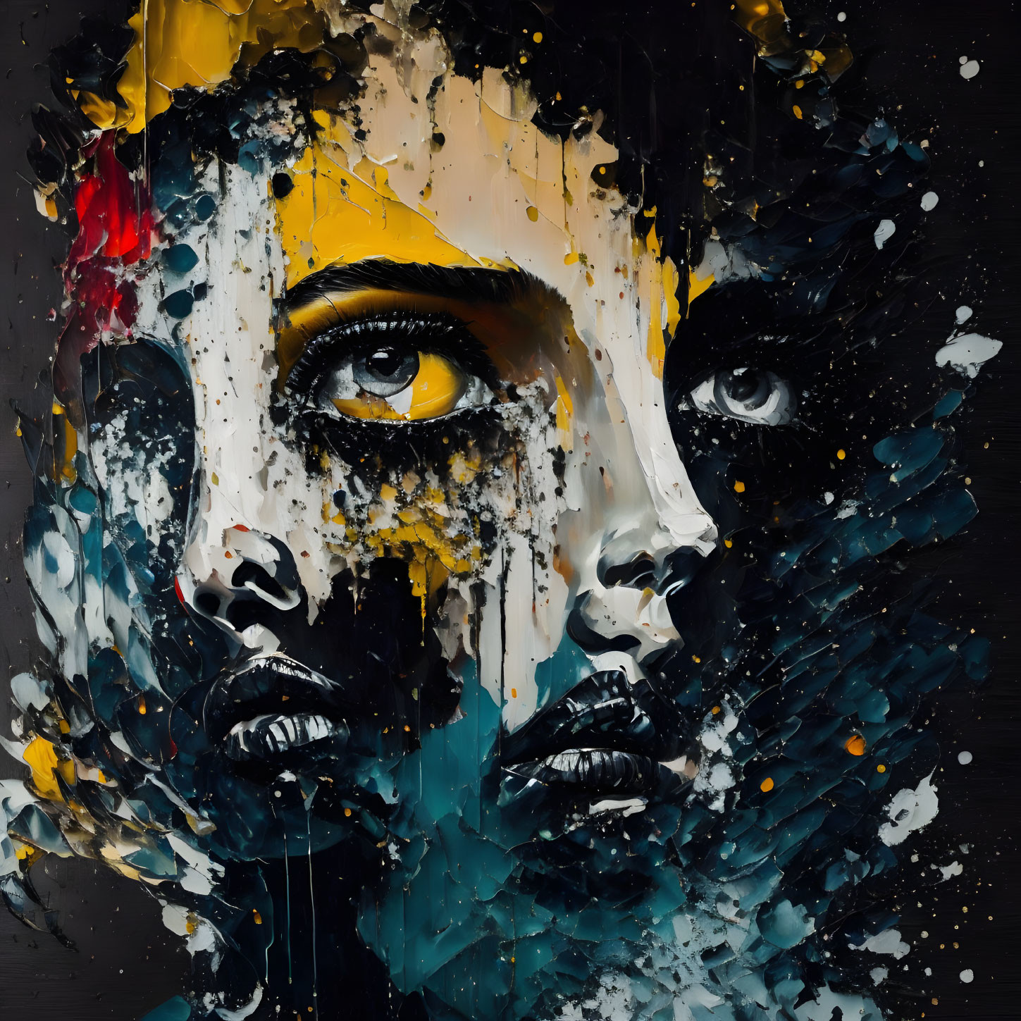 Vibrant abstract portrait with yellow eyes and colorful splashes