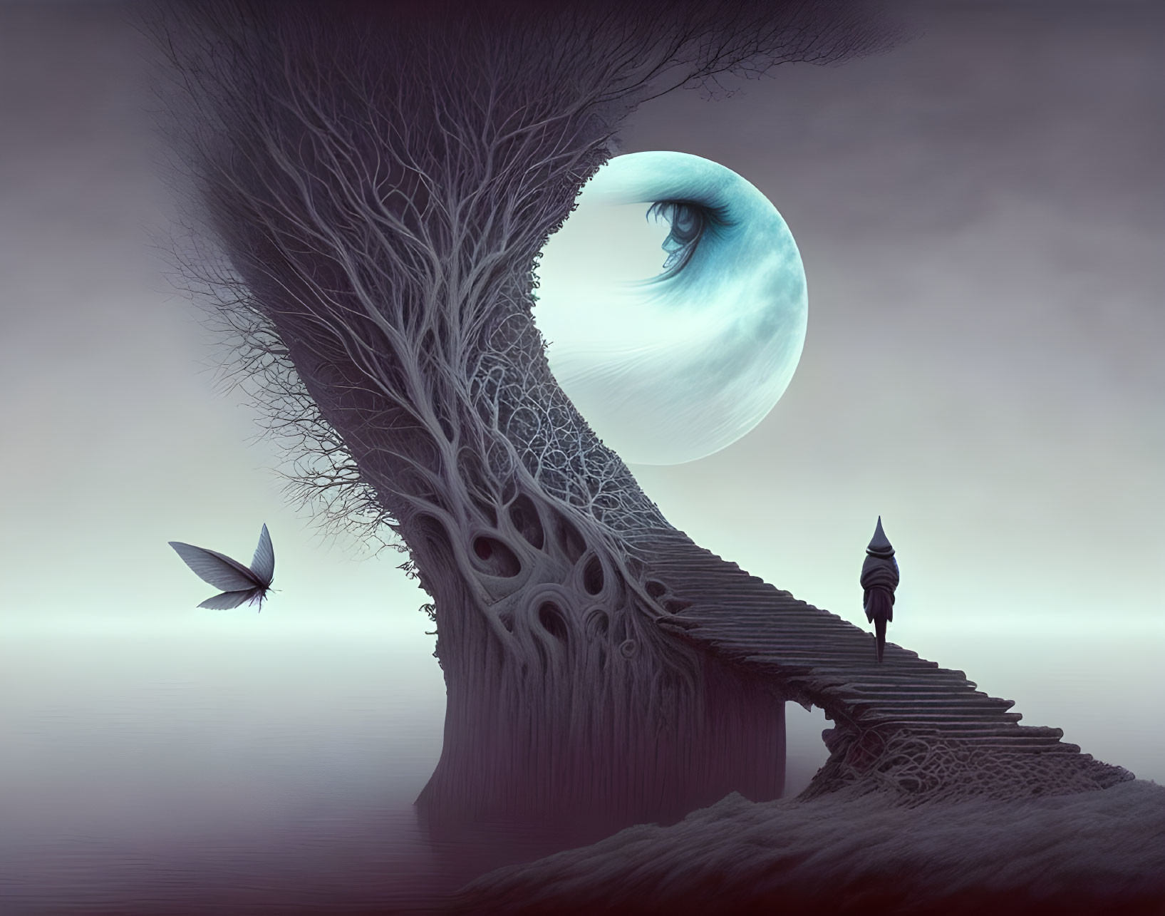 Surreal image of person on staircase in tree with giant eye and mist