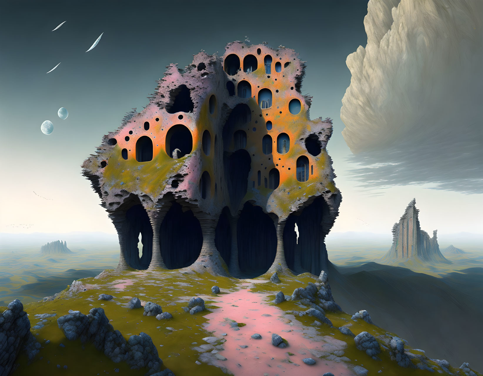 Surreal landscape featuring large organic structure under dusk sky