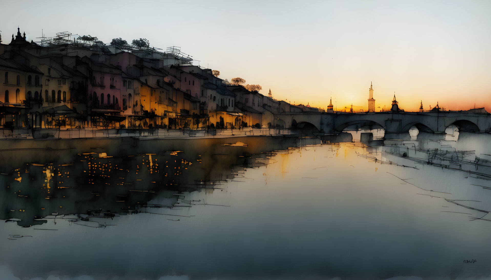 Historic bridge silhouette at sunset over river with twinkling lights