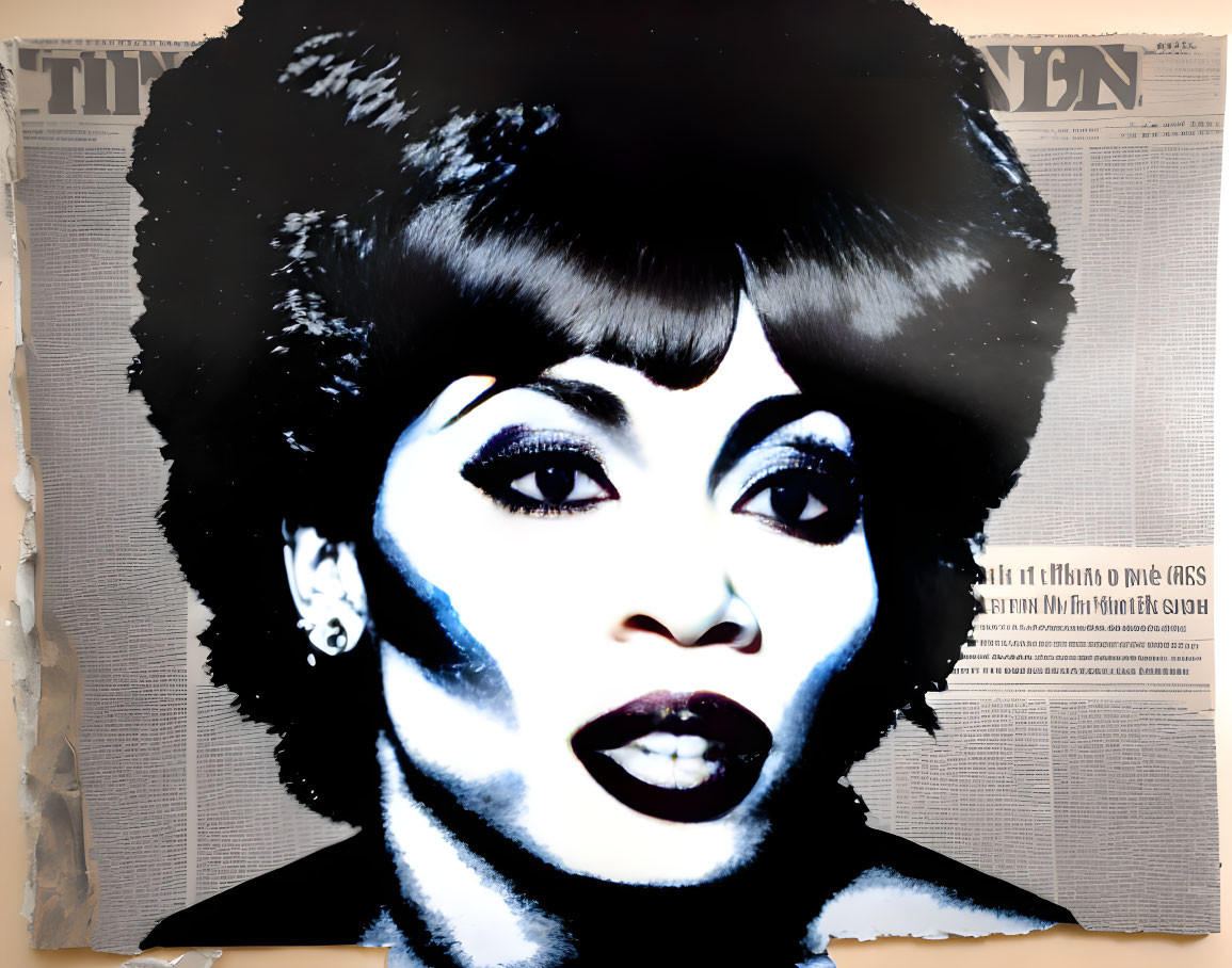 Pop Art Portrait of Woman with Bold Features on Newspaper Background