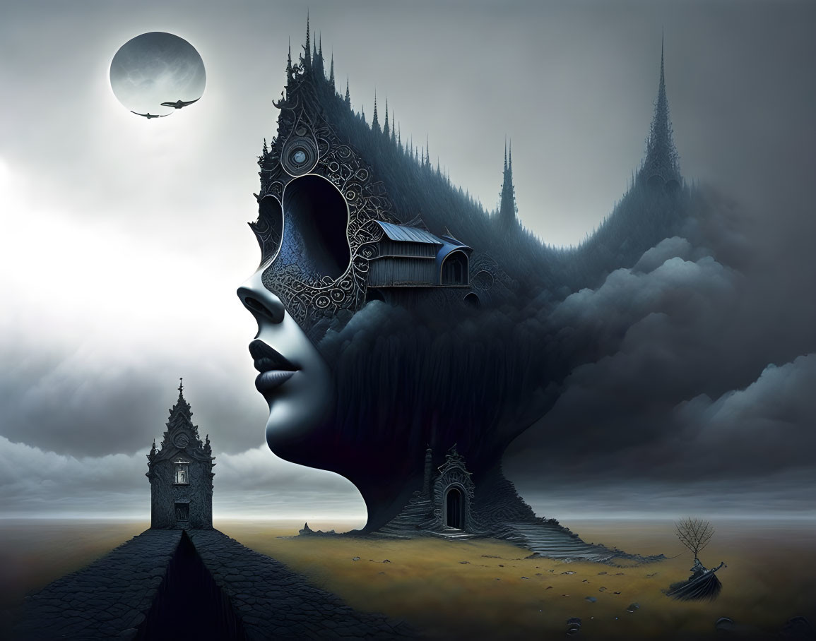 Surreal landscape with woman's profile, architectural and natural elements under moonlit sky