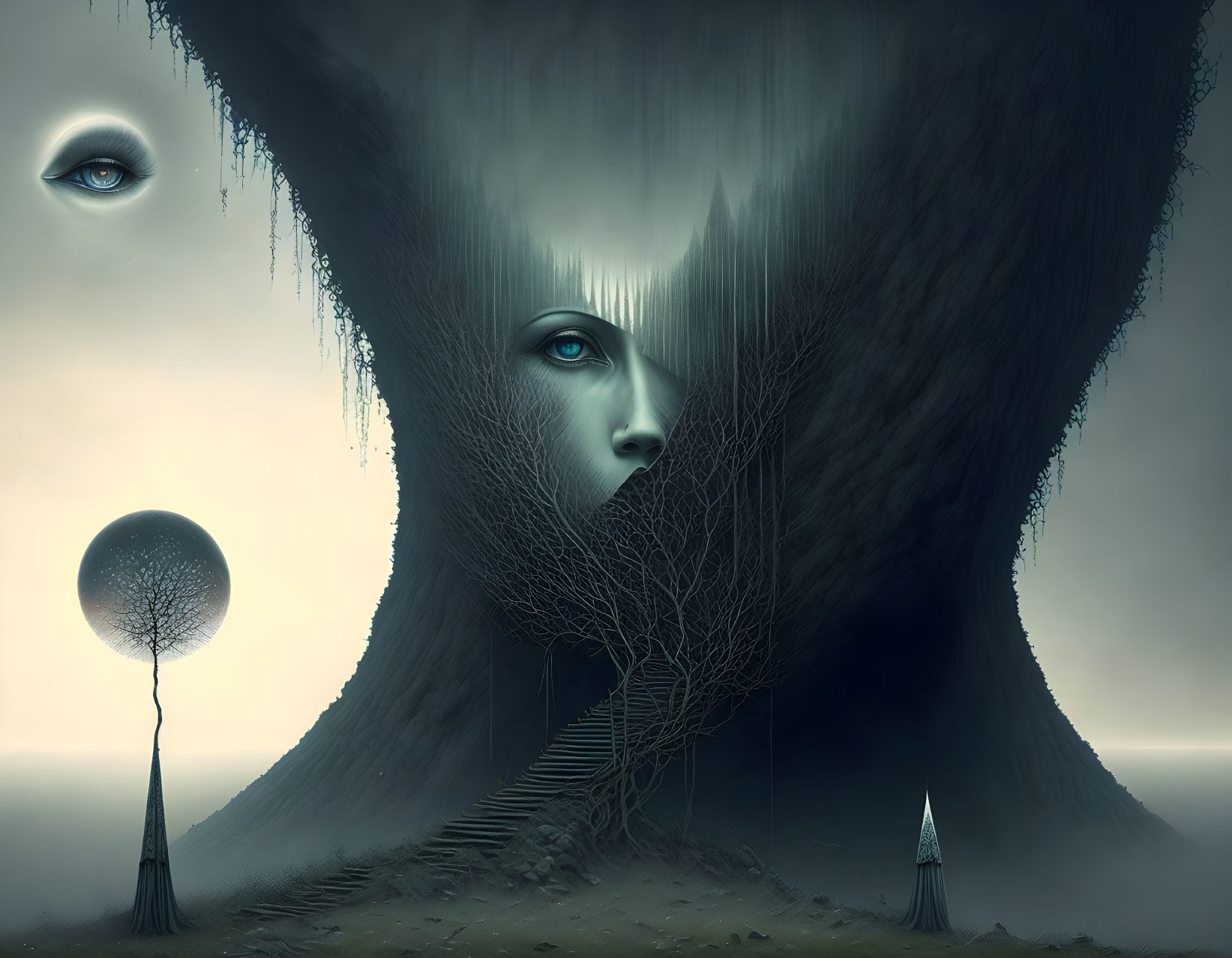 Surreal landscape featuring face in tree trunk, floating eye, ladder to void, lone tree,