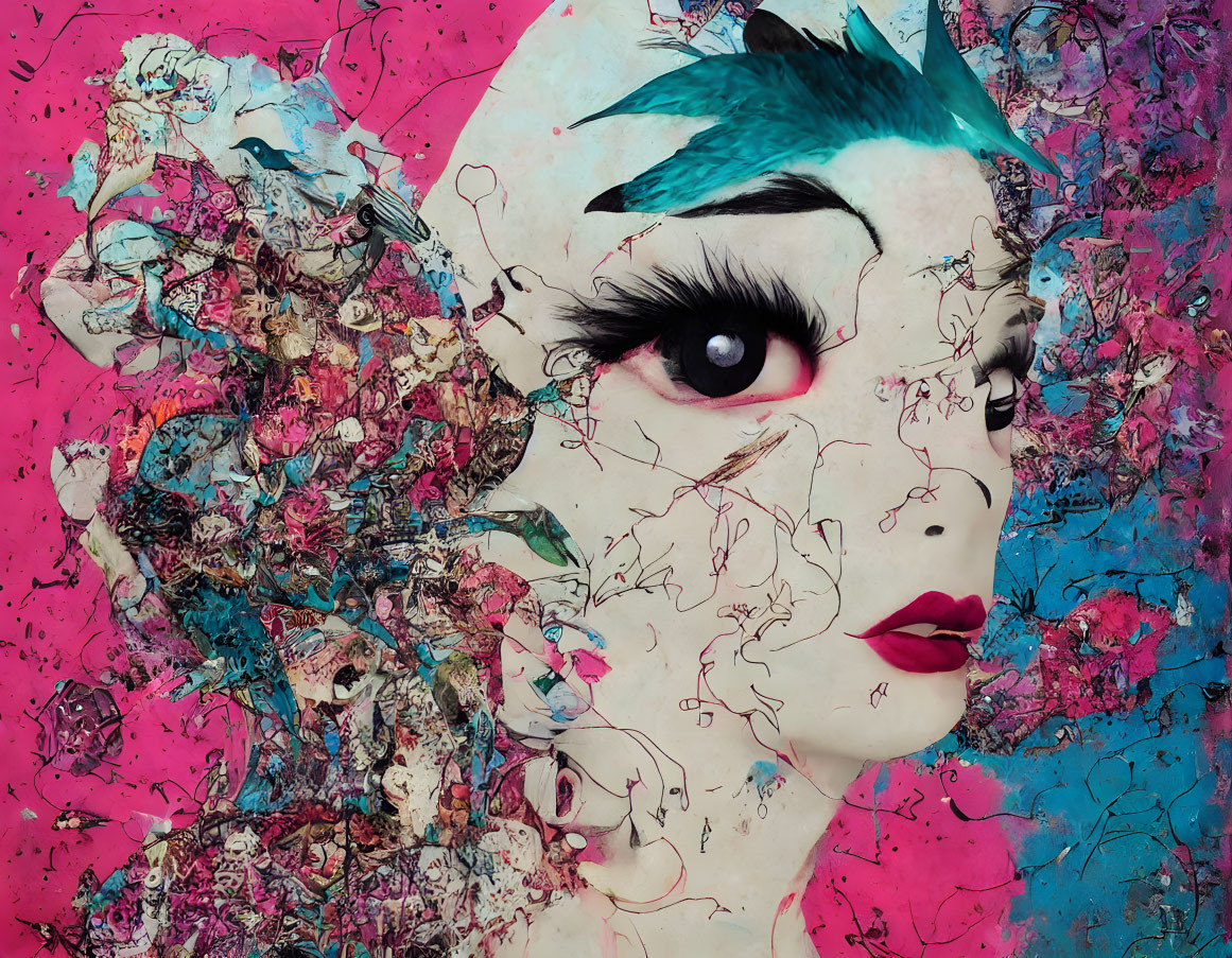 Colorful Collage of Stylized Woman's Face with Abstract Patterns