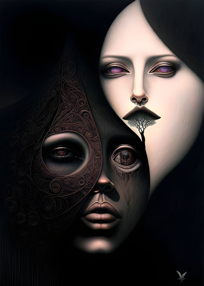 Surreal digital artwork: Two faces with intricate patterns and mask