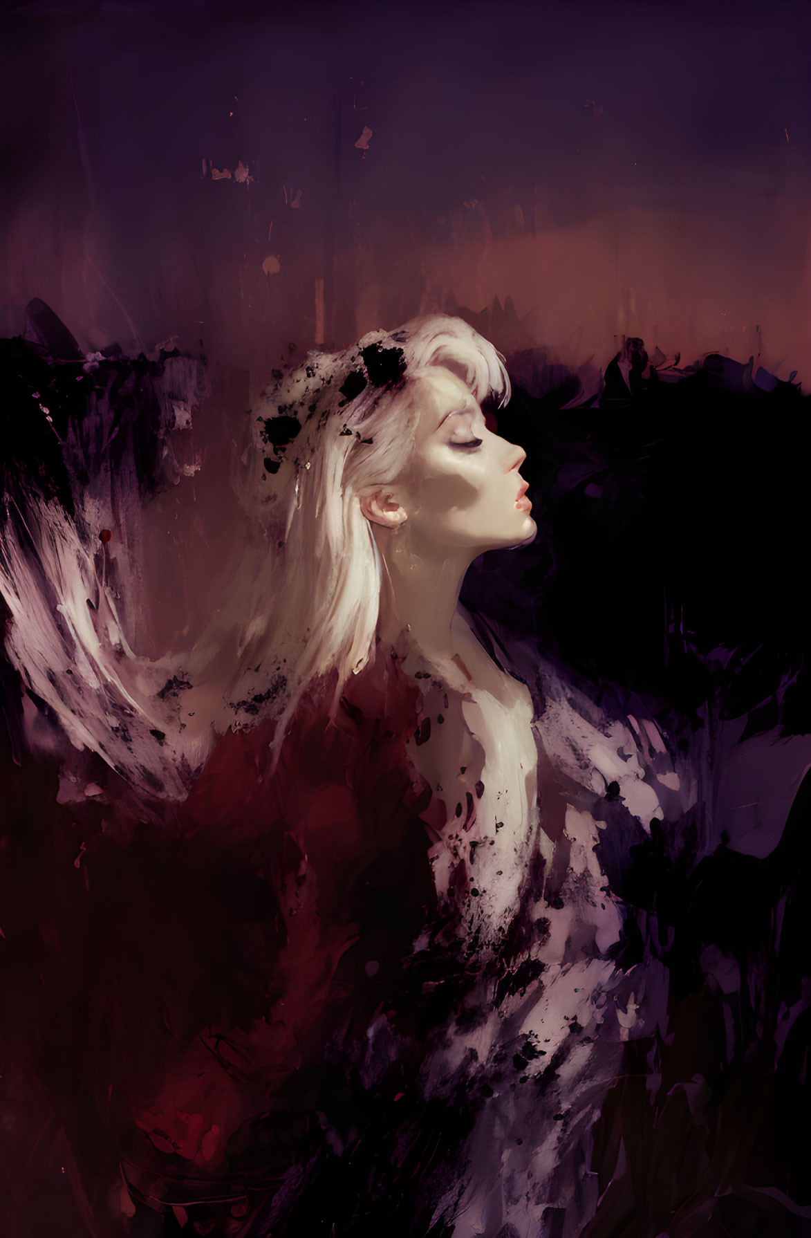 Silhouetted woman with white hair on moody brush-stroke background