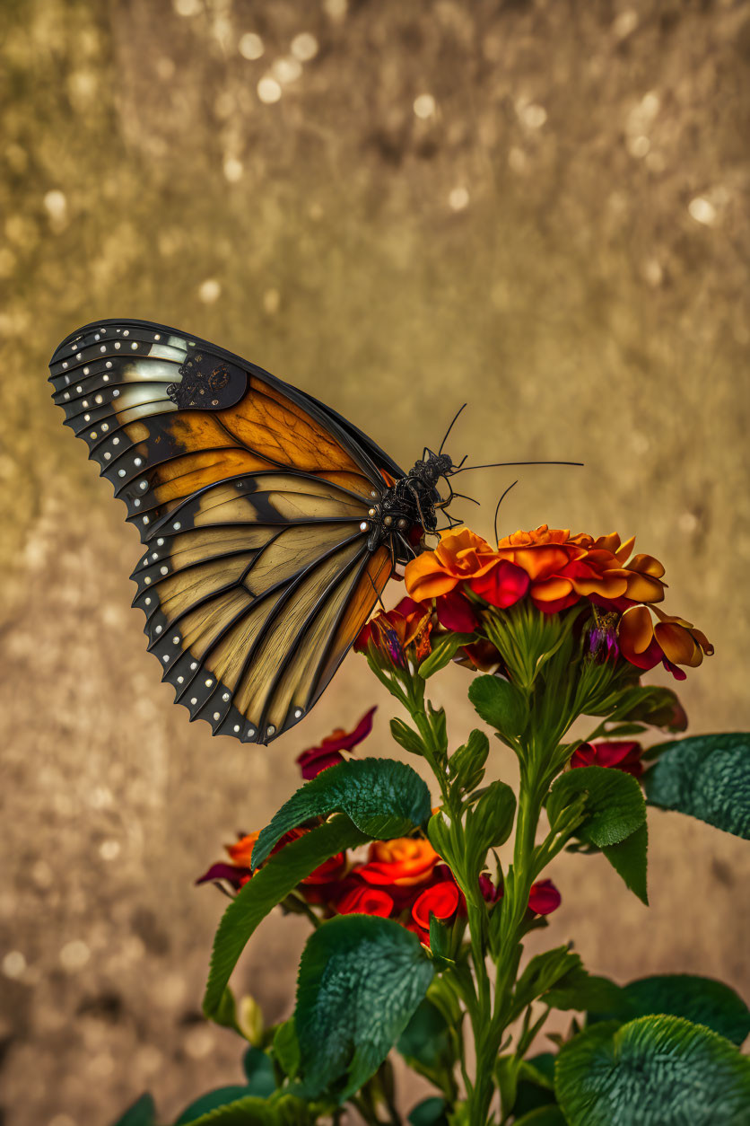 Colorful Butterfly Resting on Orange Flowers with Blurred Background