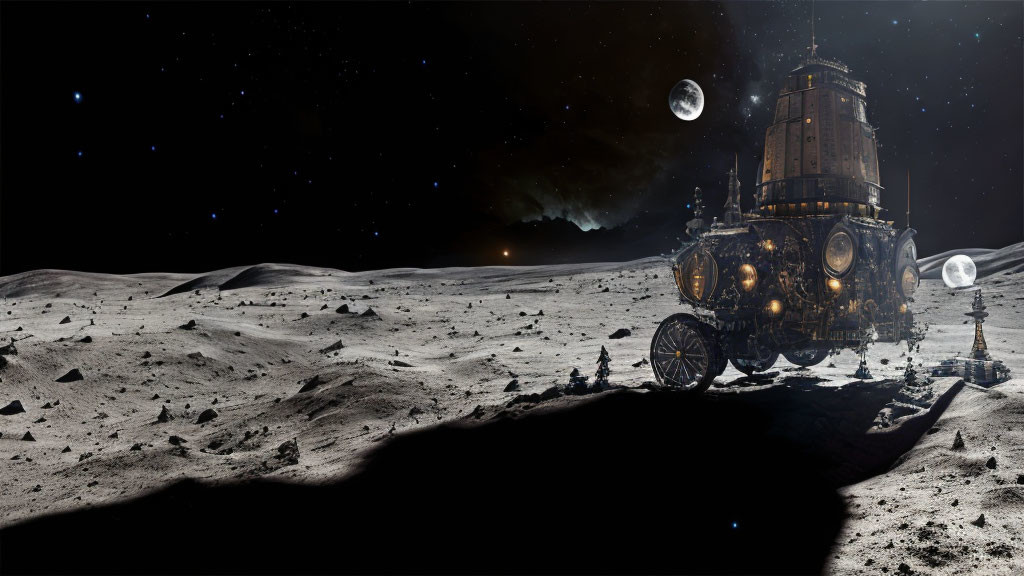 Steampunk-style spaceship on moon's surface with distant planet and stars