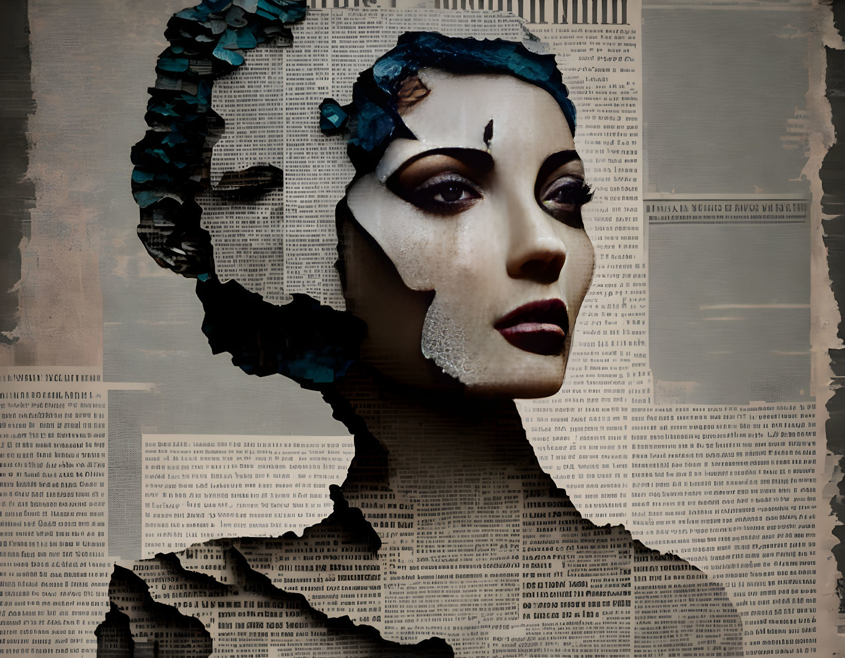 Digital portrait with face breaking away to show newspaper layers.