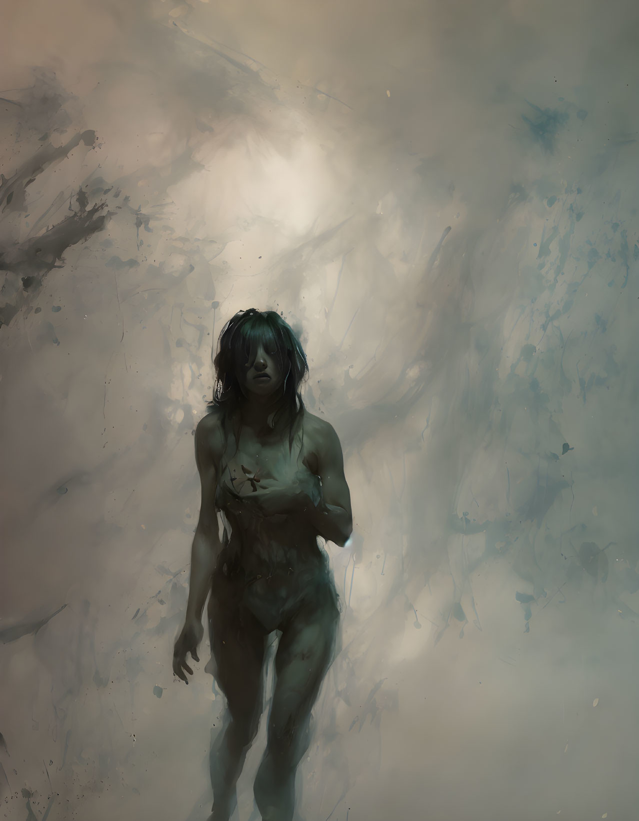 Figure wading in misty environment under soft light