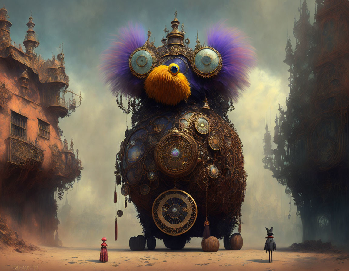 Intricate mechanical owl with golden orbs in fantastical cityscape