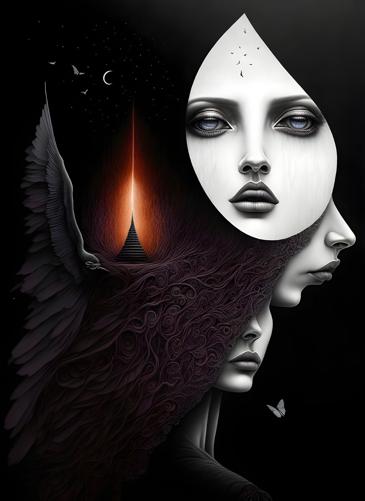 Surreal illustration of two faces with tear, flame, wings, and butterfly