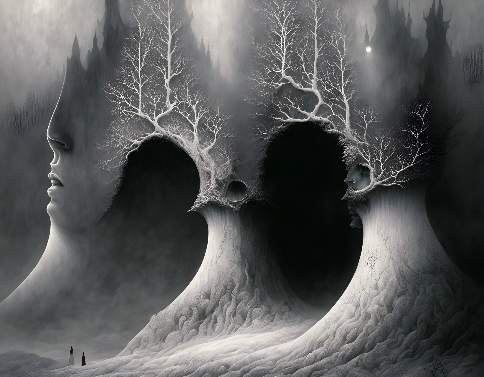 Surreal monochrome landscape with tree-like structures and human facial profiles