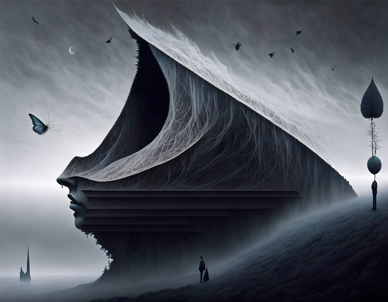 Mountain-shaped human face in misty surreal landscape with birds and lone figure.