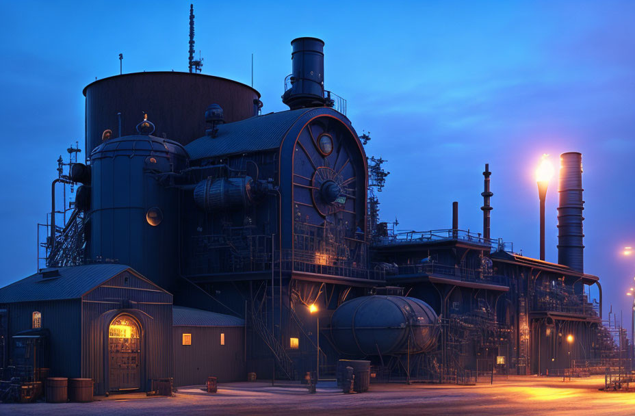 Industrial facility with pipes and tanks in blue twilight, showcasing cylindrical structure and smokestacks in dusky