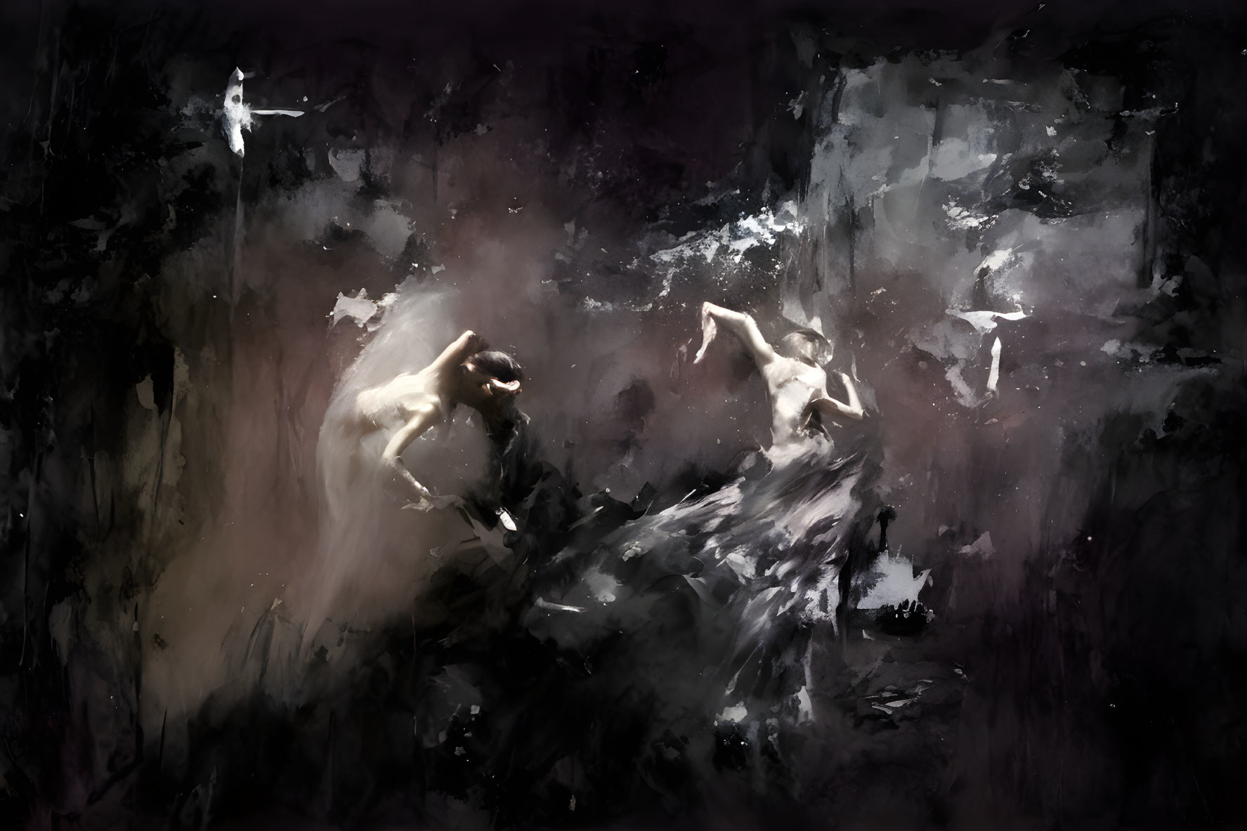 Monochrome abstract painting of ballet dancers in motion